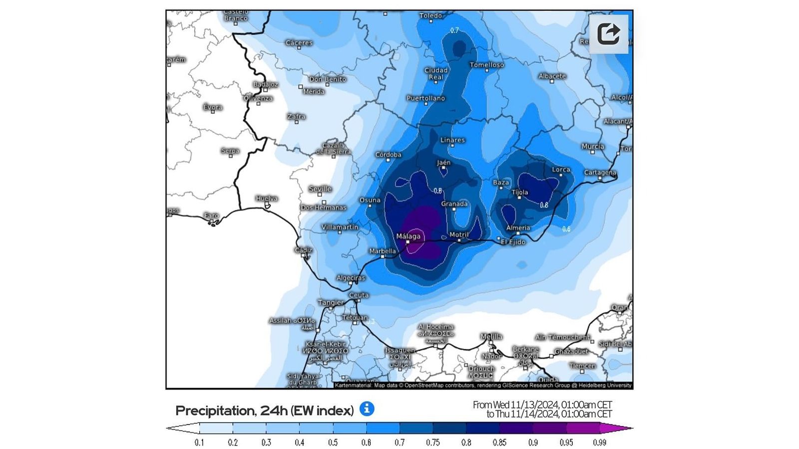 Previsión de lluvia en Andalucía para las próximas horas ante la llegada de una nueva DANA.