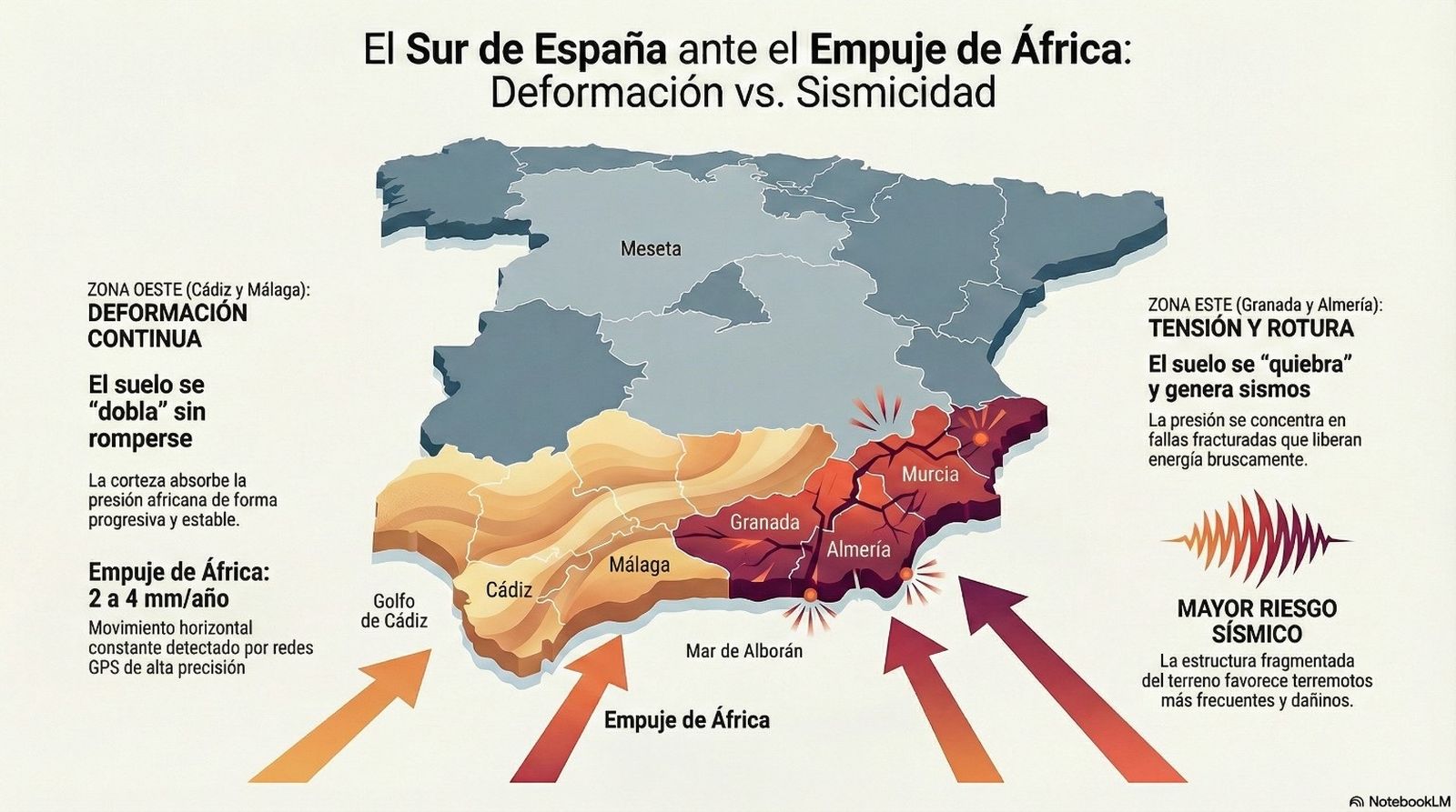 El empuje de África se absorbe de forma continua en el suroeste, mientras en el sureste la tensión se concentra y genera mayor sismicidad.