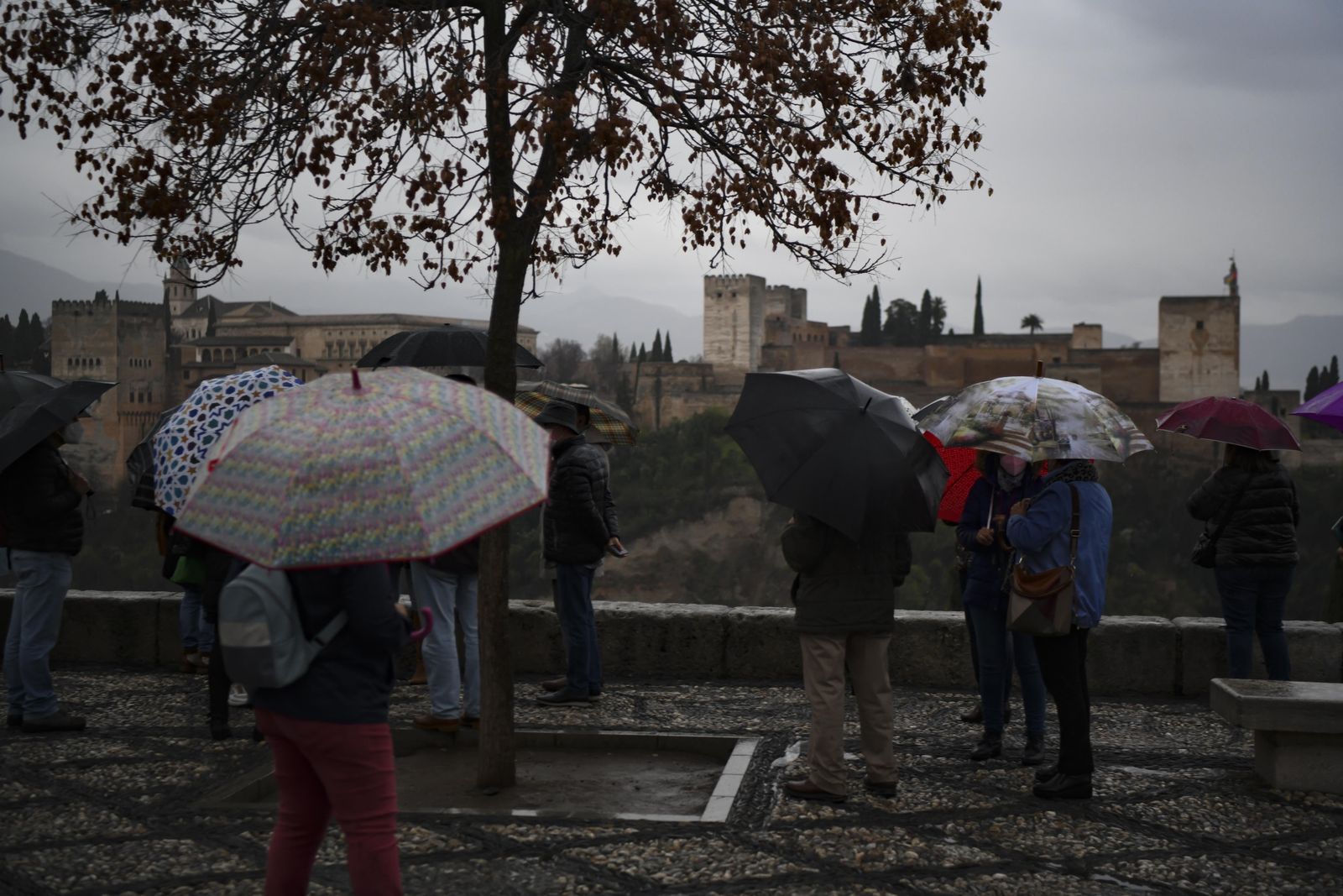 Varios turistas observan la Alhambra pese a las lluvias.
