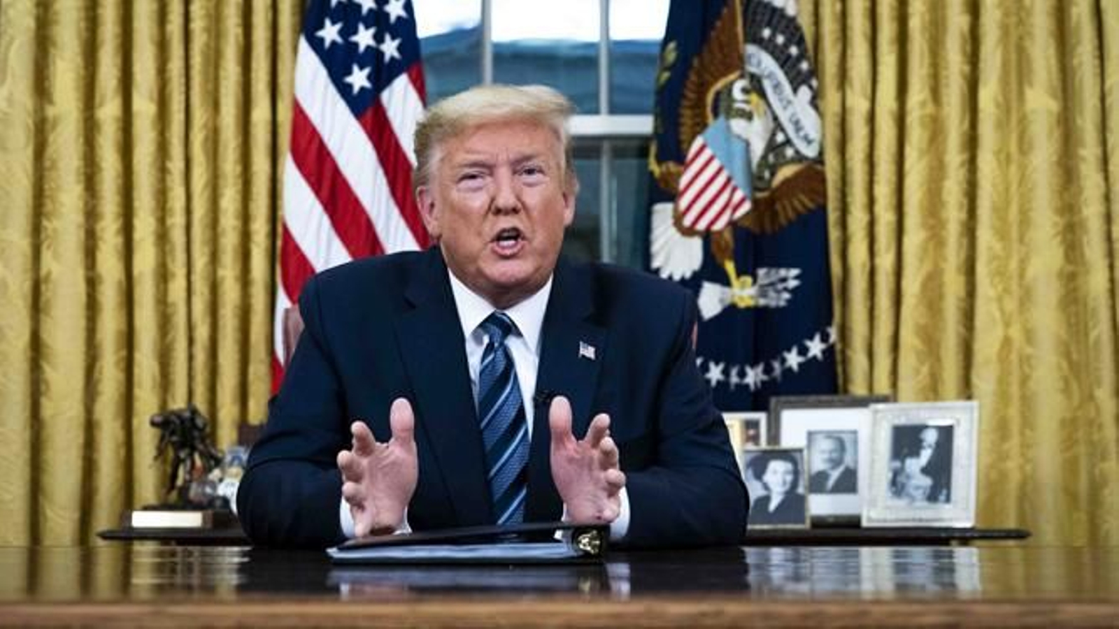 Donal Trump, durante un reciente discurso televisado a propósito del coronavirus.