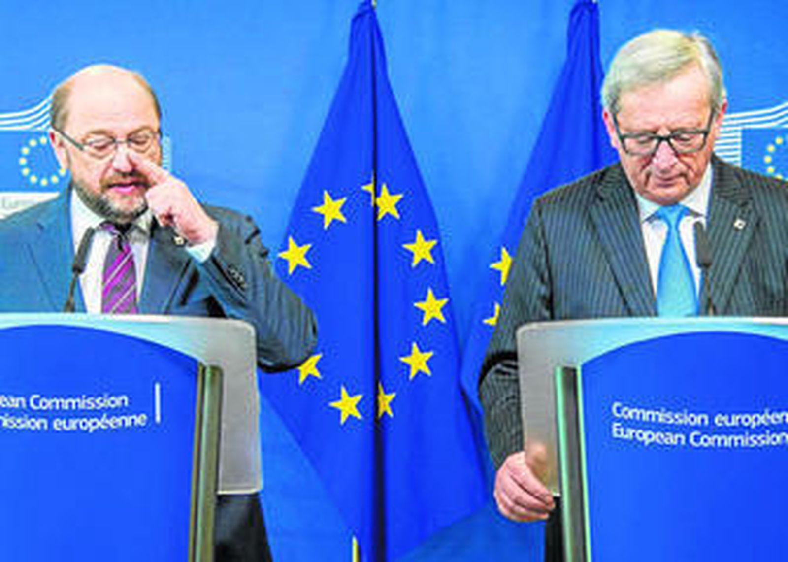 Martin Schulz y Jean-Claude Juncker,  ayer durante su comparecencia conjunta en Bruselas.