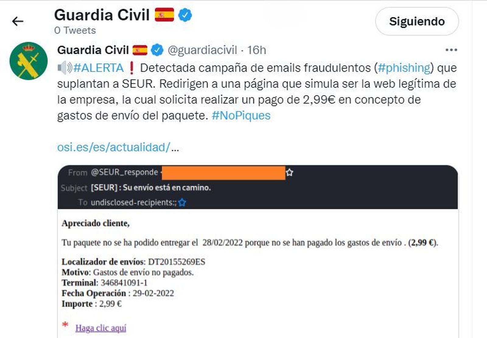 La Guardia Civil alerta de otra estafa de mails suplantando a SEUR