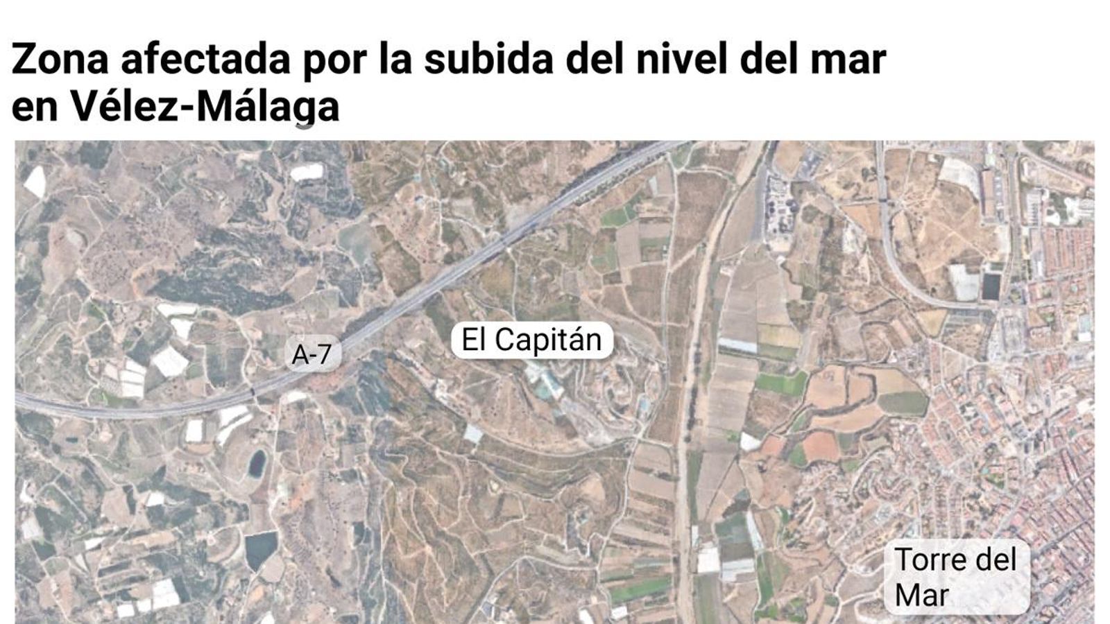 Mapa con la zona afectada por la subida del nivel del mar en Vélez-Málaga