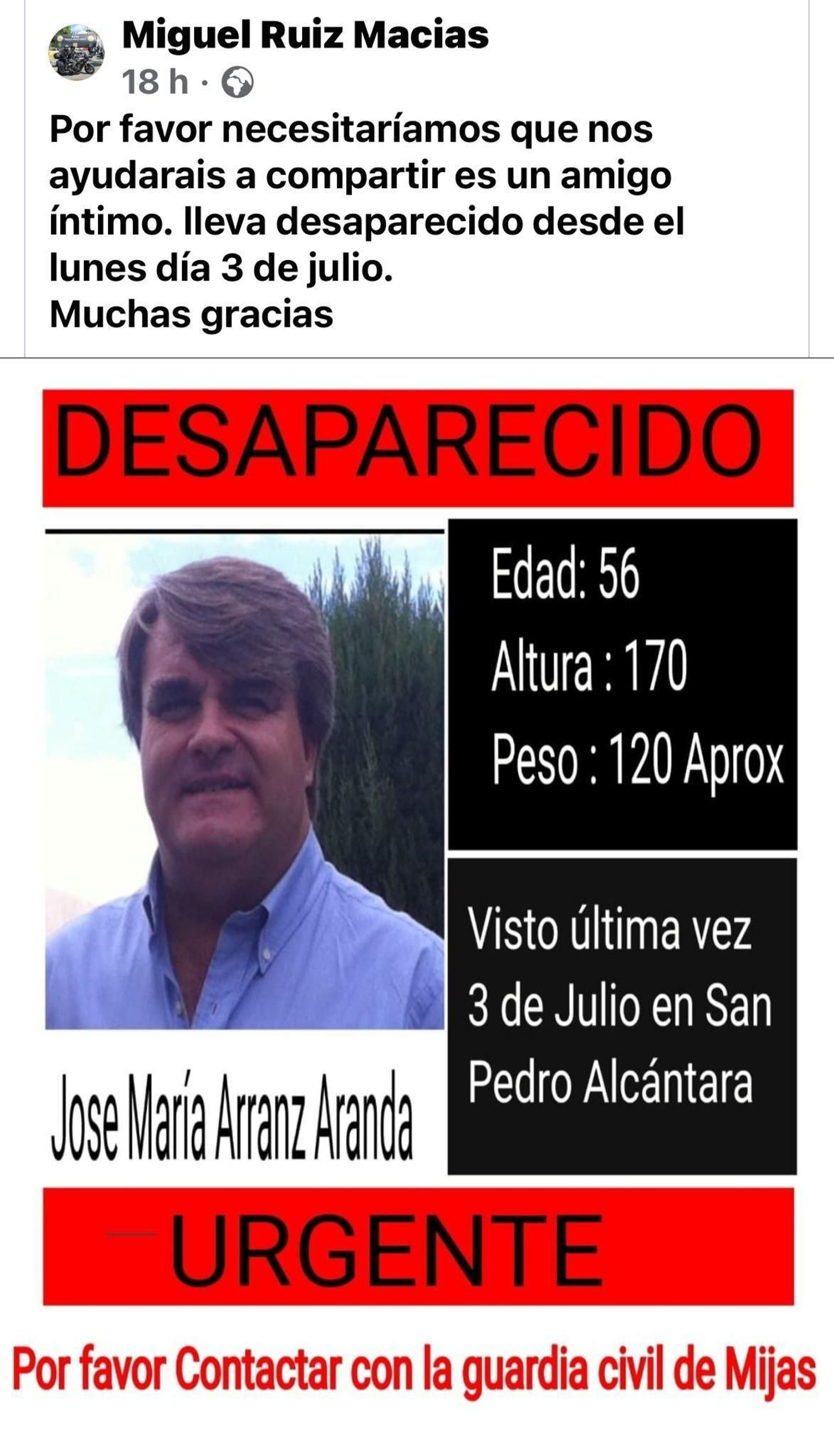 La Guardia Civil busca a José María Arranz.