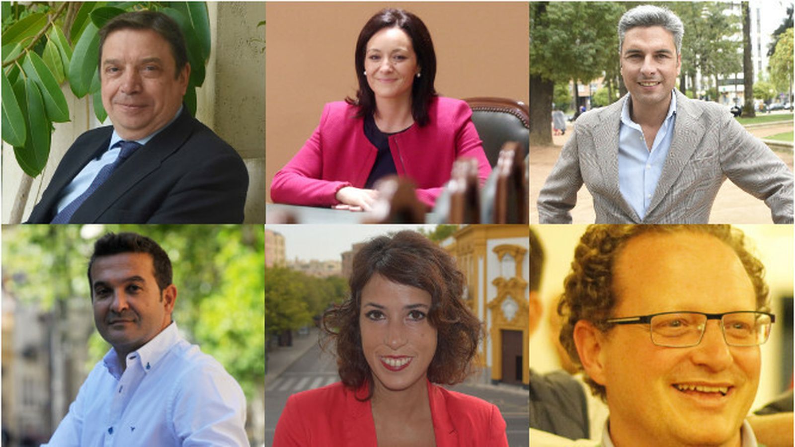 Arriba, de izquierda a derecha, Luis Planas, Rafaela Crespín (PSOE) y  Andrés Lorite (PP); abajo, Marcial Gómez (CS), Martina Velarde (Unidas Podemos) y José Ramírez del Río (Vox).