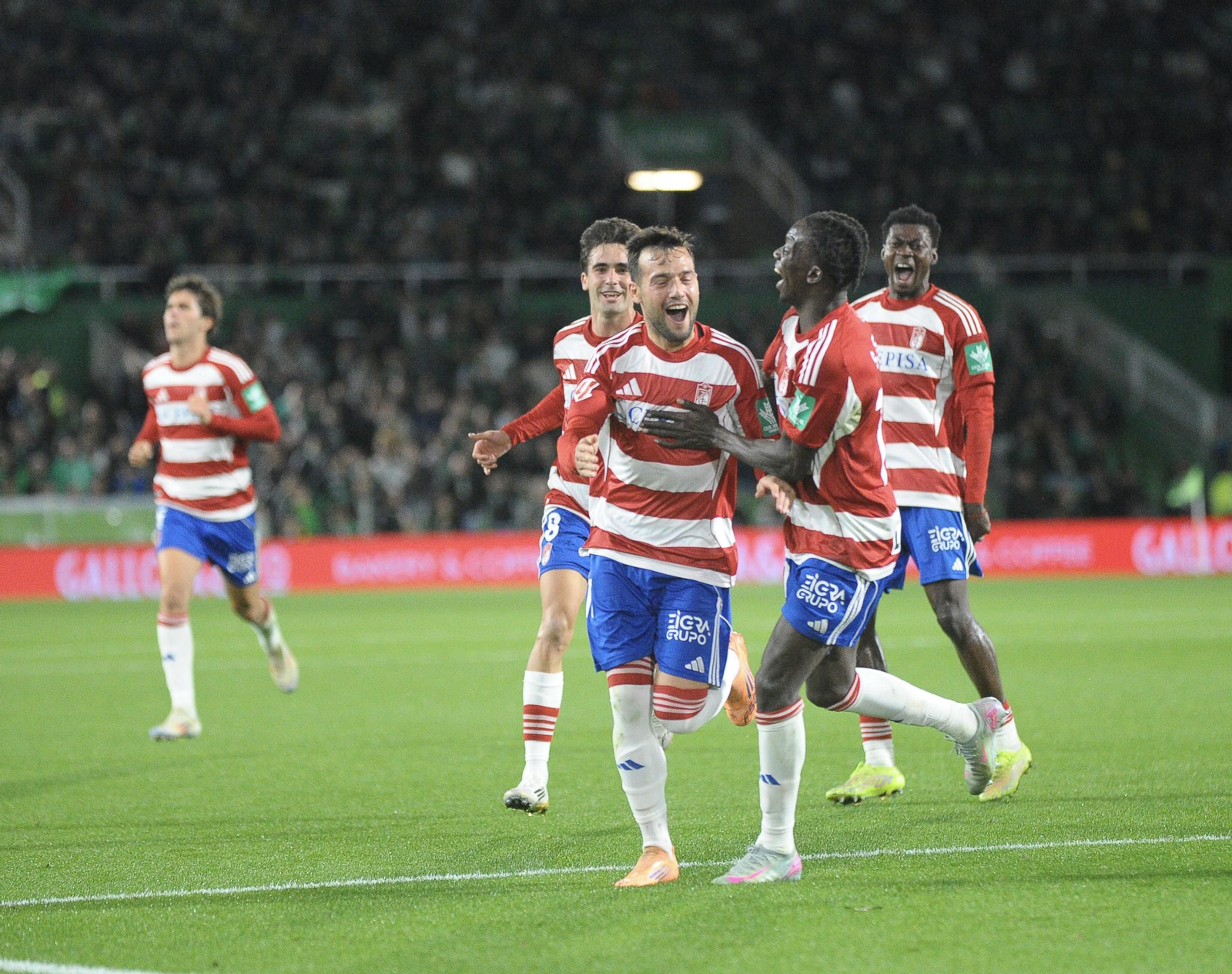 Varios jugadores del Granada celebran el 2-2 marcado por José Arnaiz