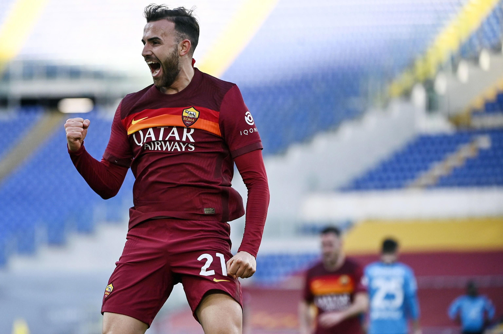 Borja Mayoral celebra un tanto con la Roma.