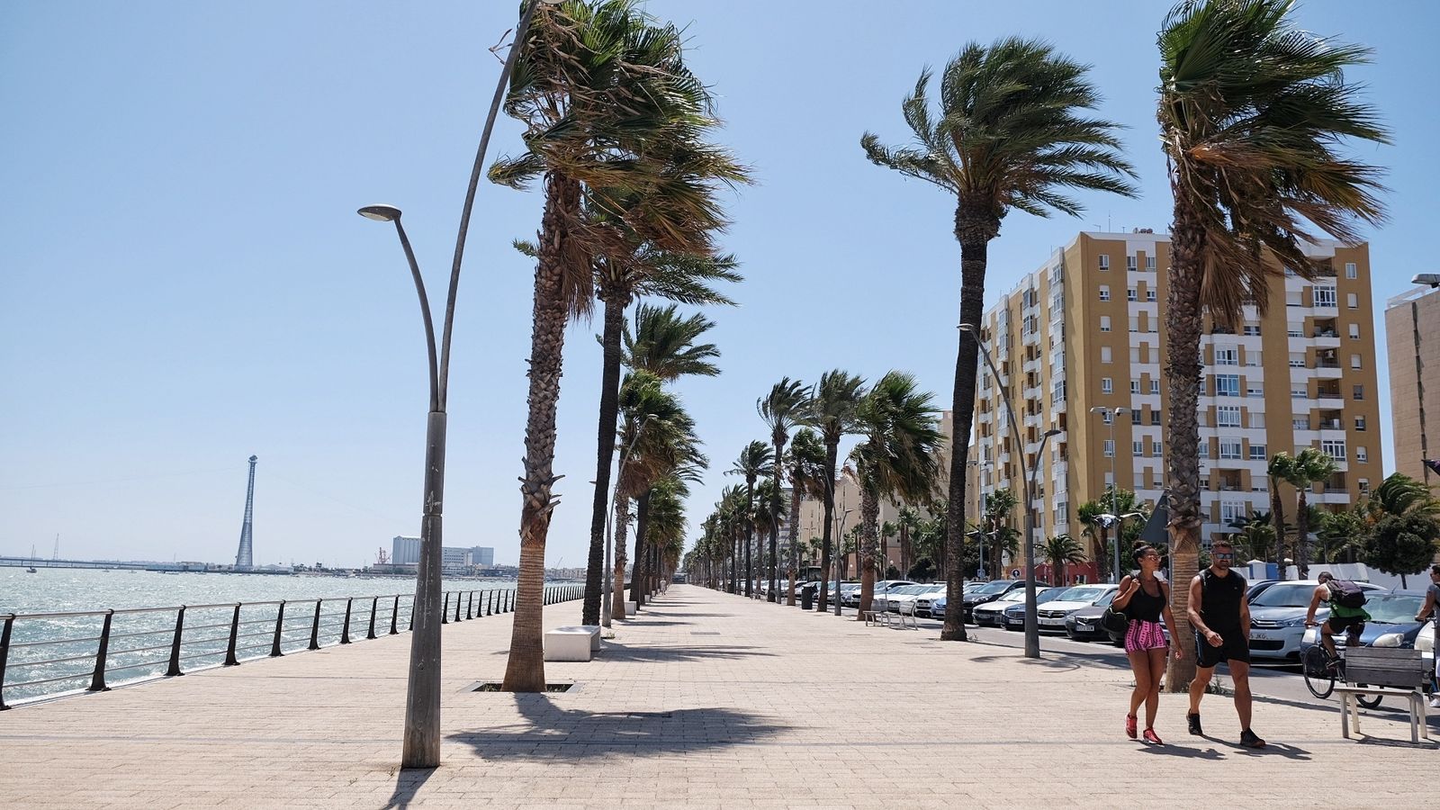 El magnífico Paseo Marítimo de la Bahía, casi vacío, un mediodía en el que soplaba muy fuerte el levante.