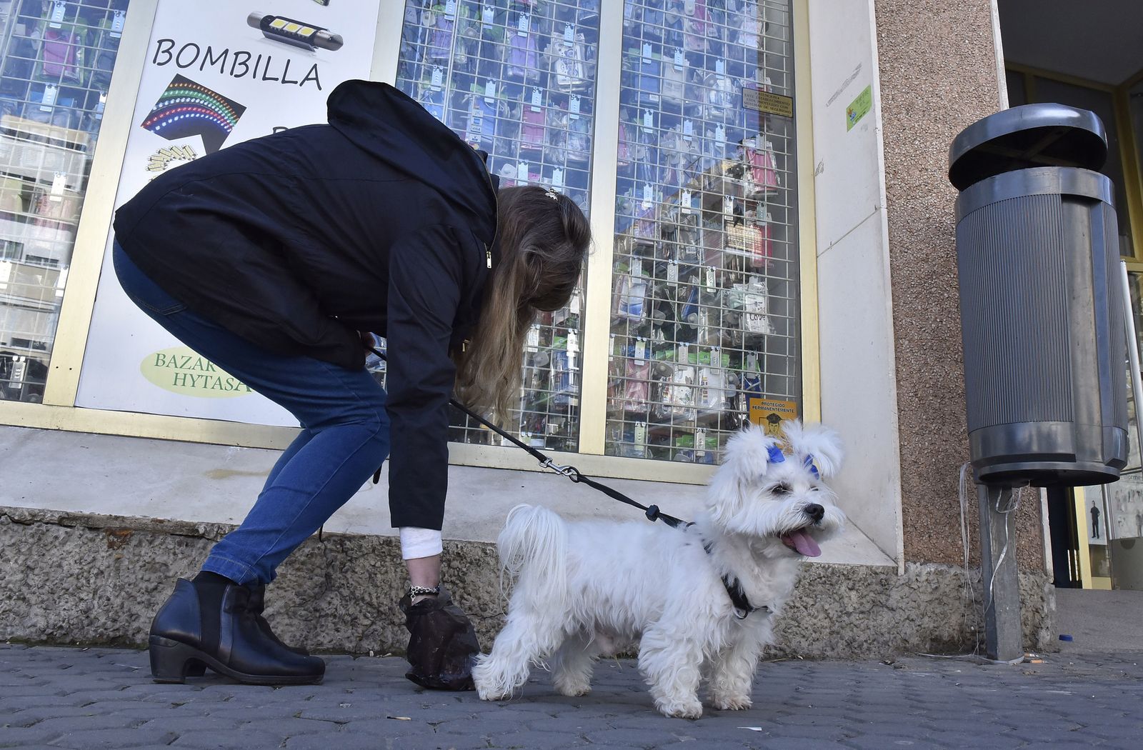 Una mujer recoge los excrementos de su perro en la vía pública.