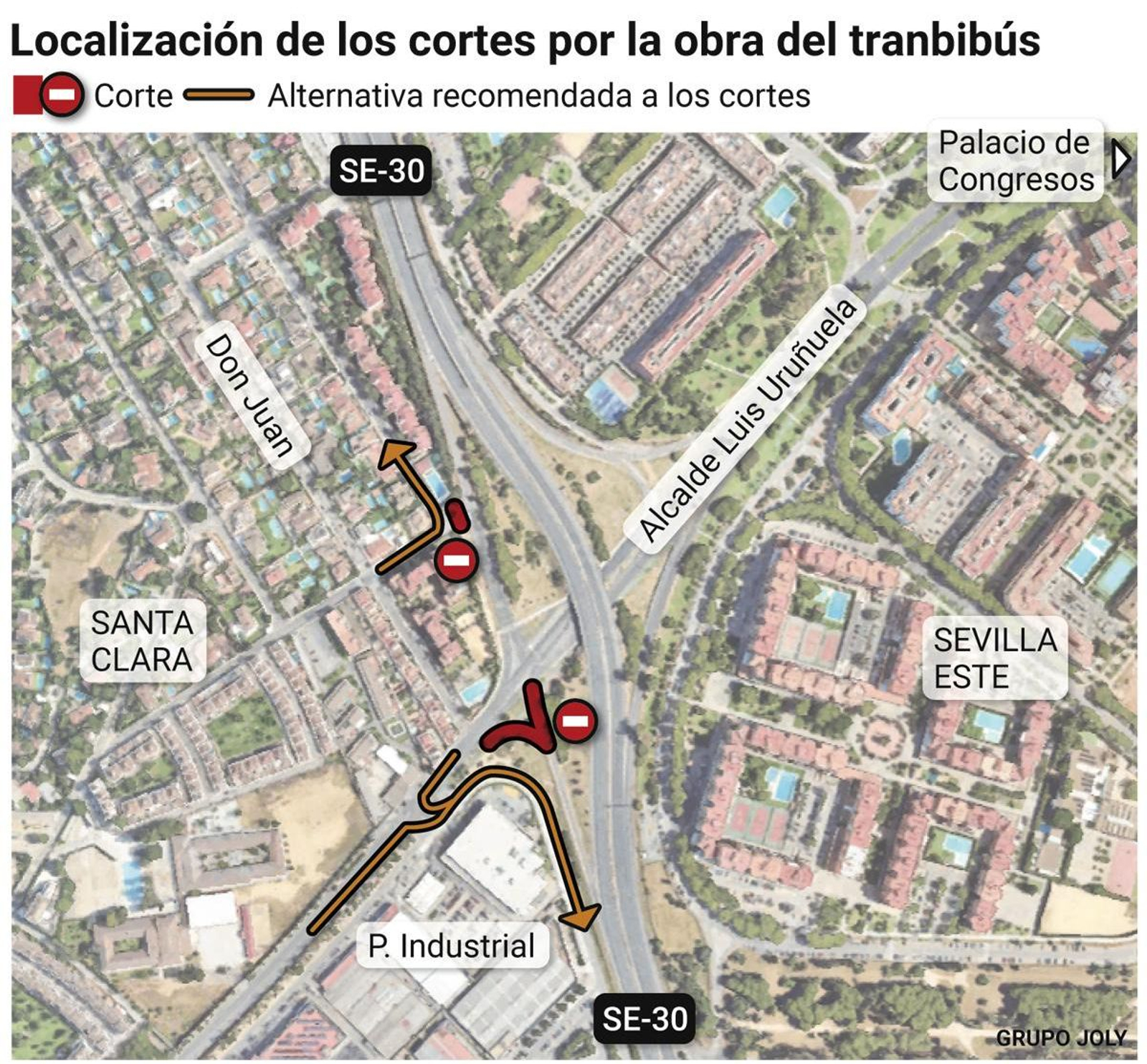 Alternativas al tráfico por los cortes de las obras del tranvibús de Sevilla Este. Fuente: Ayuntamiento de Sevilla.