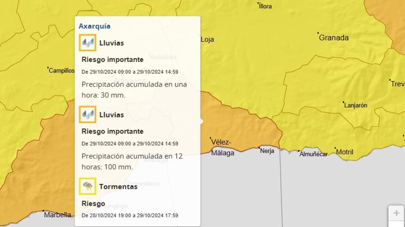 Alertas en la Axarquía y litros caídos