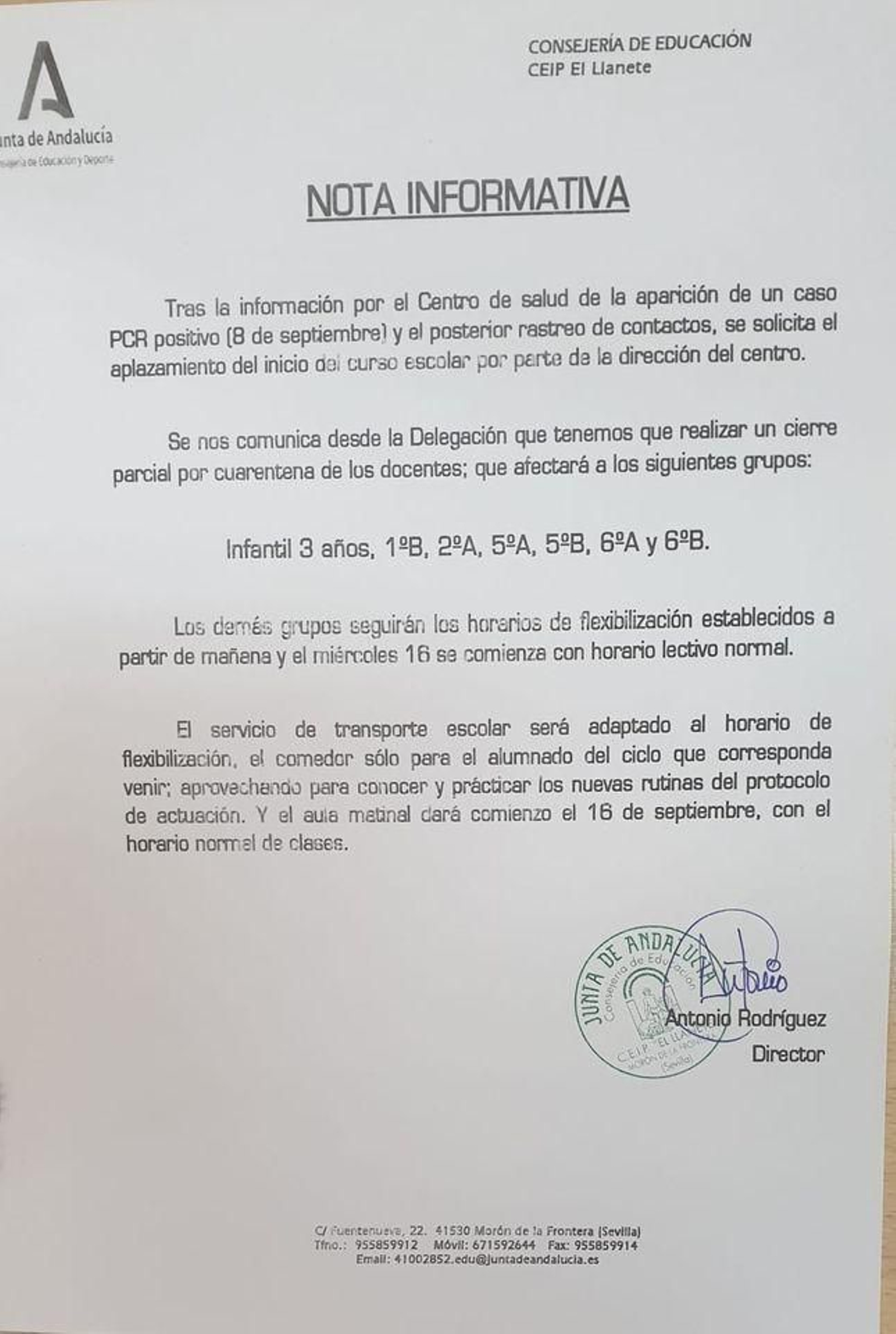 La circular detalla las aulas cerradas.