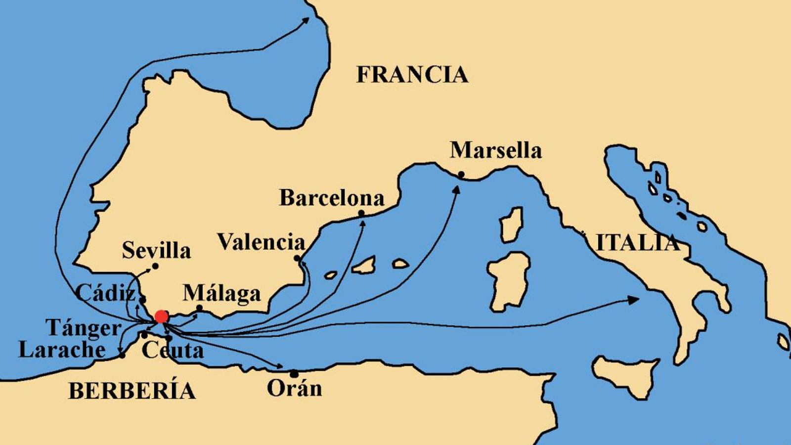 Principales rutas comerciales que enlazaban el puerto de Algeciras con otros puertos en el siglo XVIII.