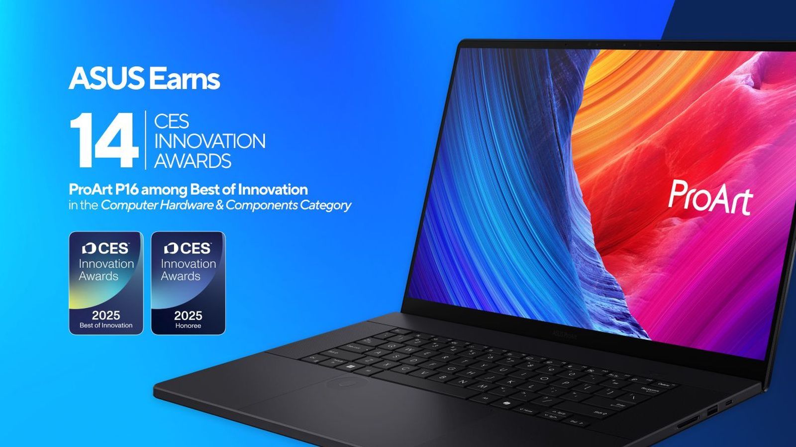 ASUS ProArt P16, premio en CES 2025 a la mejor innovación en la categoría de Hardware y componentes y en la categoría de Sostenibilidad y Energía/Potencia.