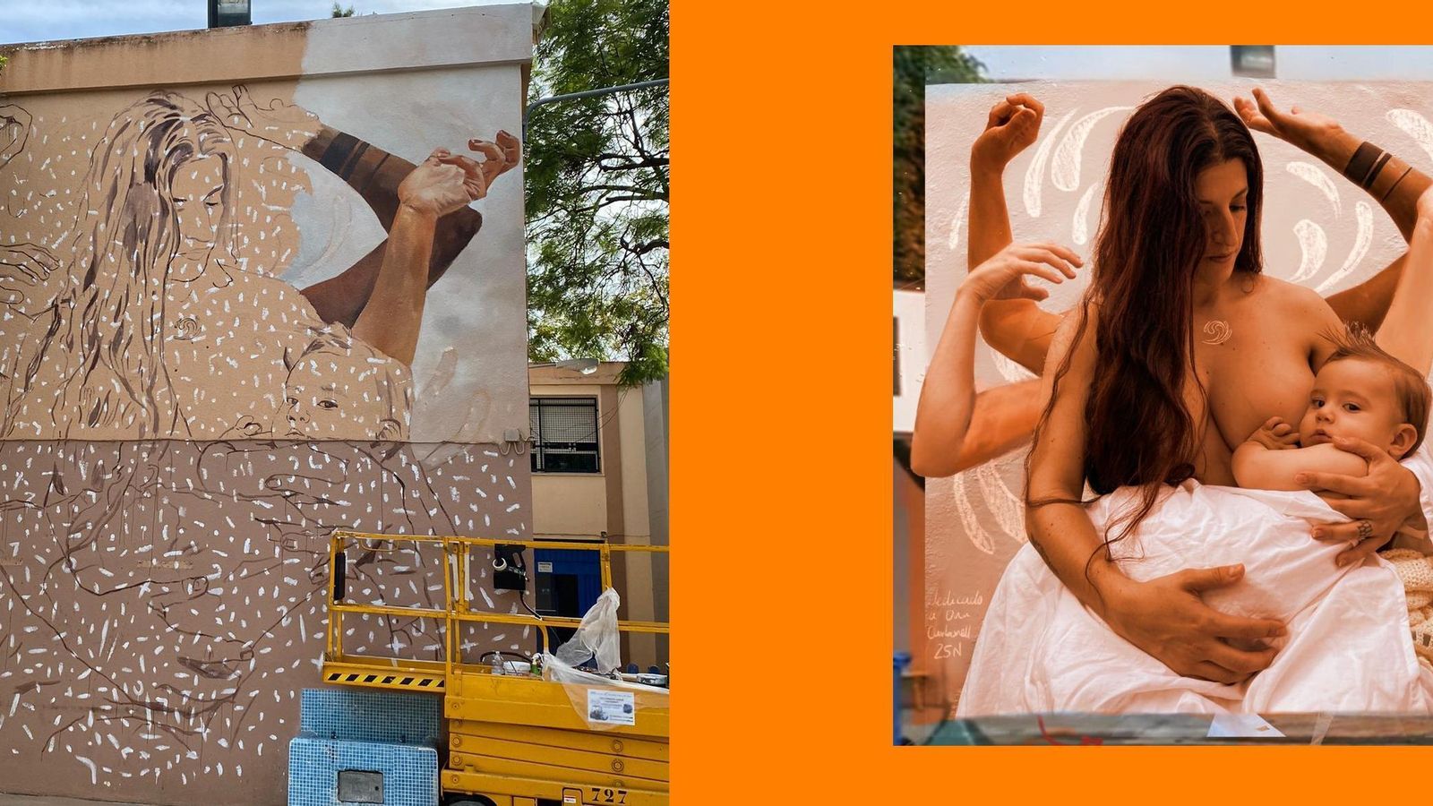 El mural que se está realizando en el CEIP Luis Vives de Jerez, junto a la imagen original.