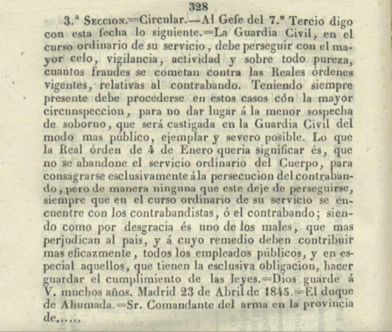 Circular de 23 de abril de 1845 dictada por el II Duque de Ahumada sobre la lucha contra el contrabando.