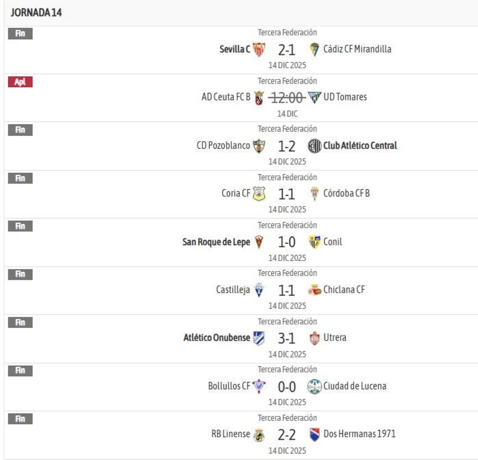 Resultados de la jornada 14 en el grupo X de Tercera Federación