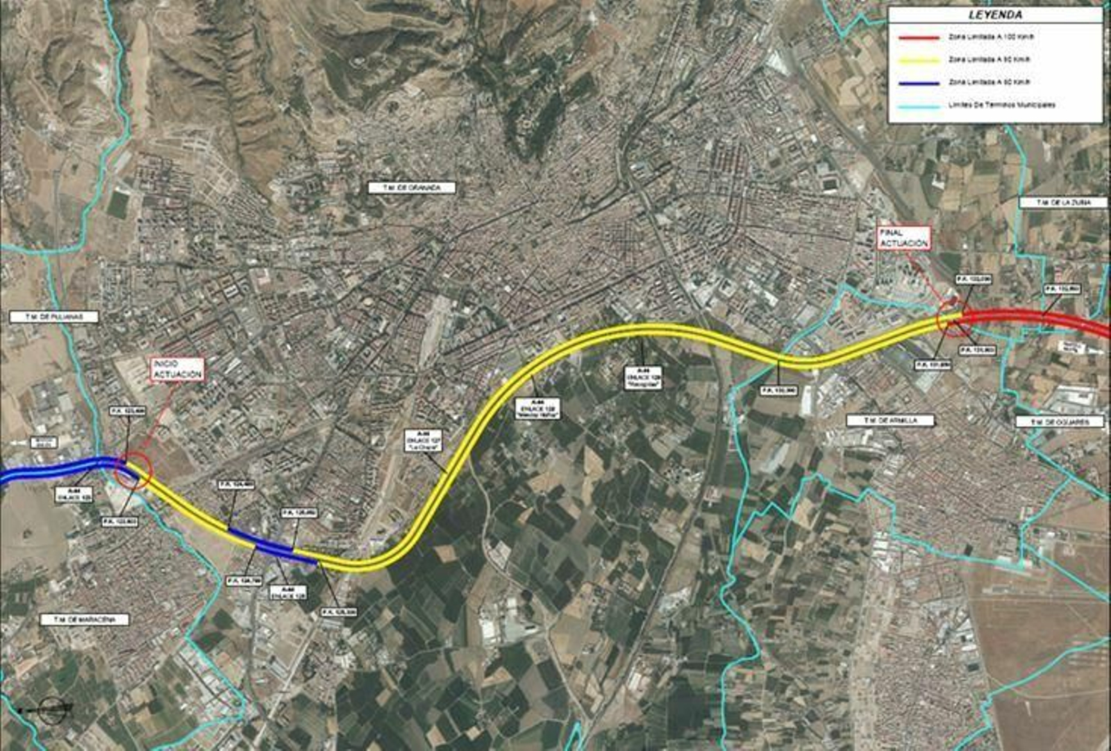 Este es el mapa de la nueva velocidad en la Circunvalación de Granada