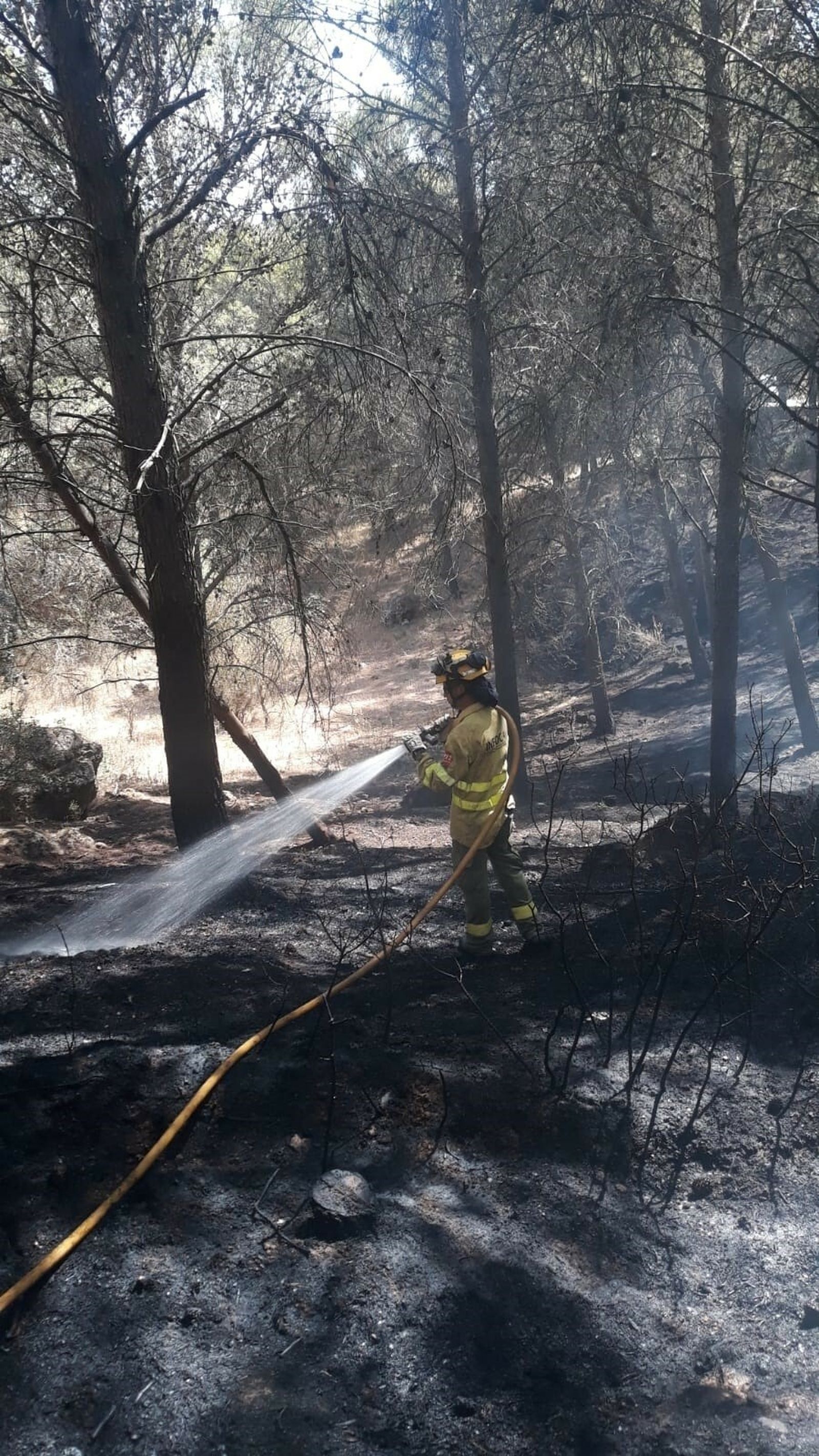 Un bombero trabaja en las labores de extinción del incendio de El Romeral, en Antequera.