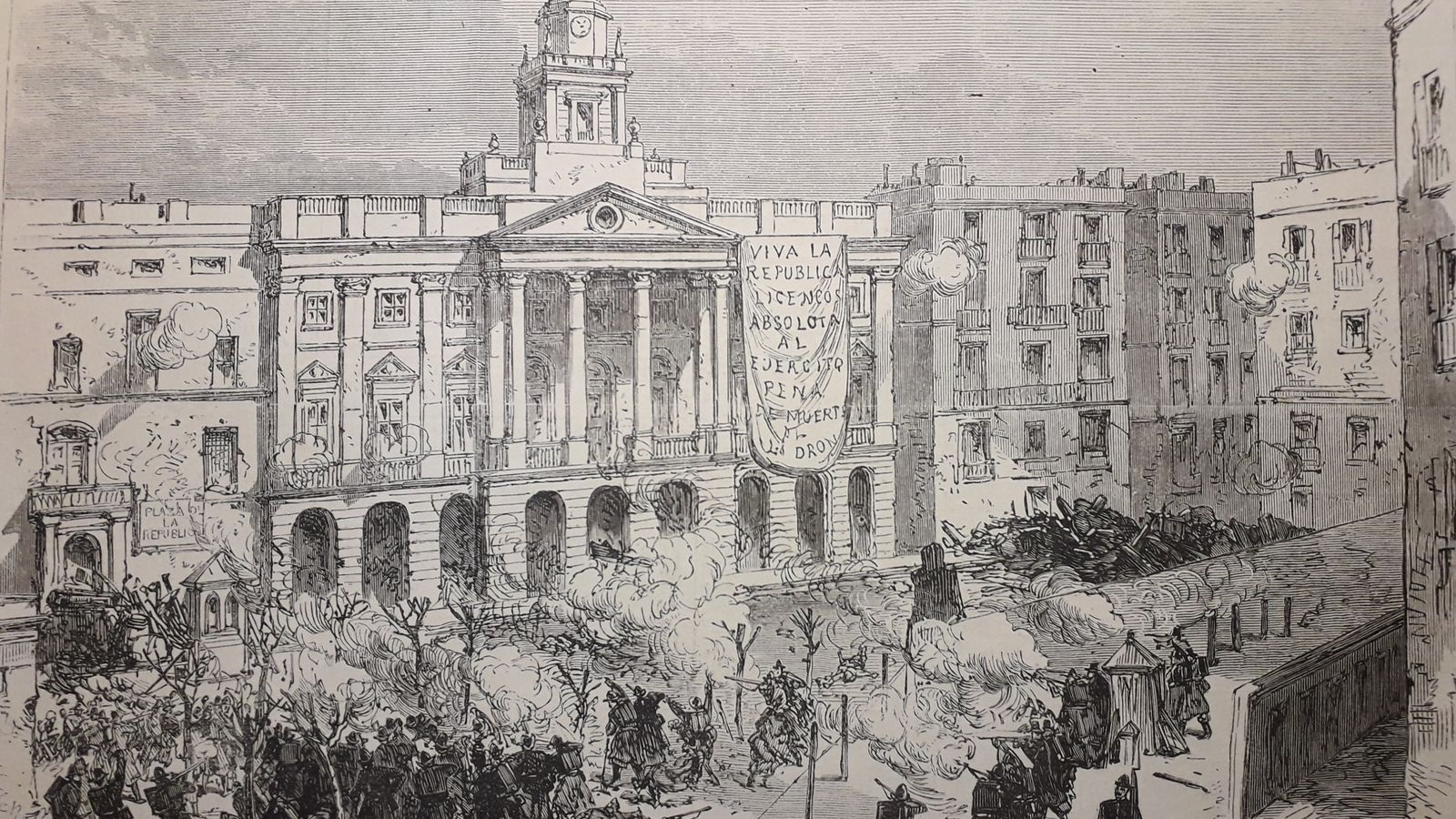 Otro grabado de la prensa británica donde apreciamos la batalla de la Plaza de San Juan de Dios del día 7, con la plaza renombrada como de la República y la famosa cartela colgada del Ayuntamiento.