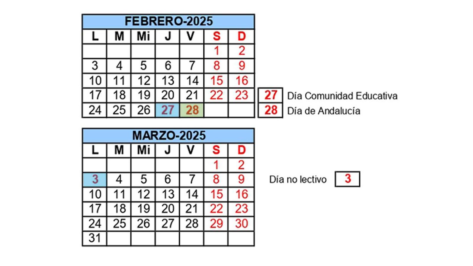 Calendario escolar de febrero y marzo en Almería