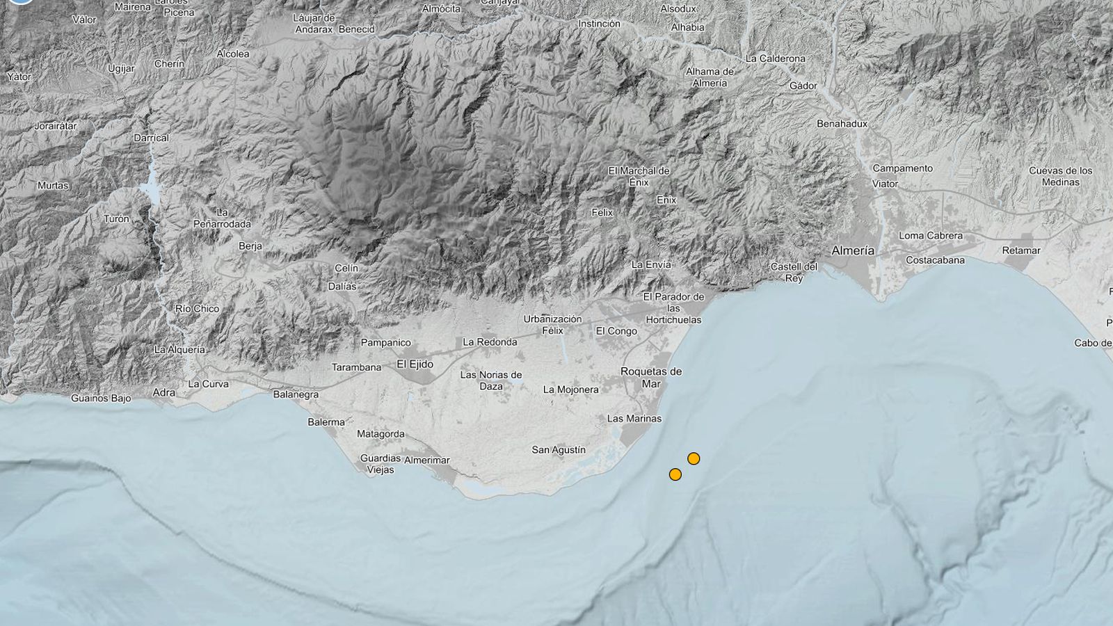 Mapa de los dos terremotos de este 29 de septiembre en Roquetas.