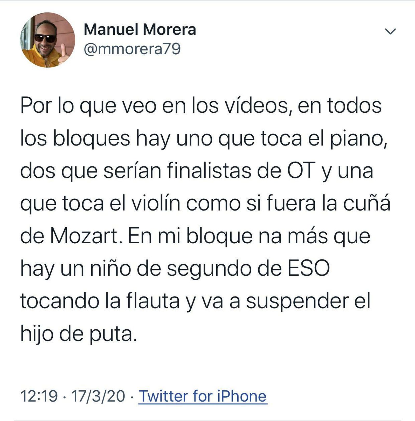 Uno de los tuit que Manolo Morera ha colgado hoy en las redes