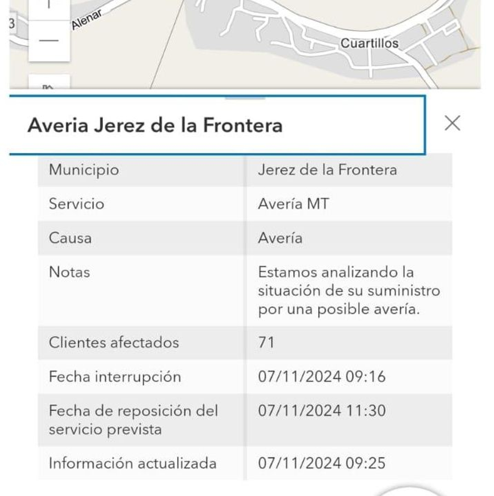 Informe sobre el corte de luz en Cuartillos, en la web de e-distribución. Informe sobre el corte de luz en Cuartillos, en la web de e-distribución.