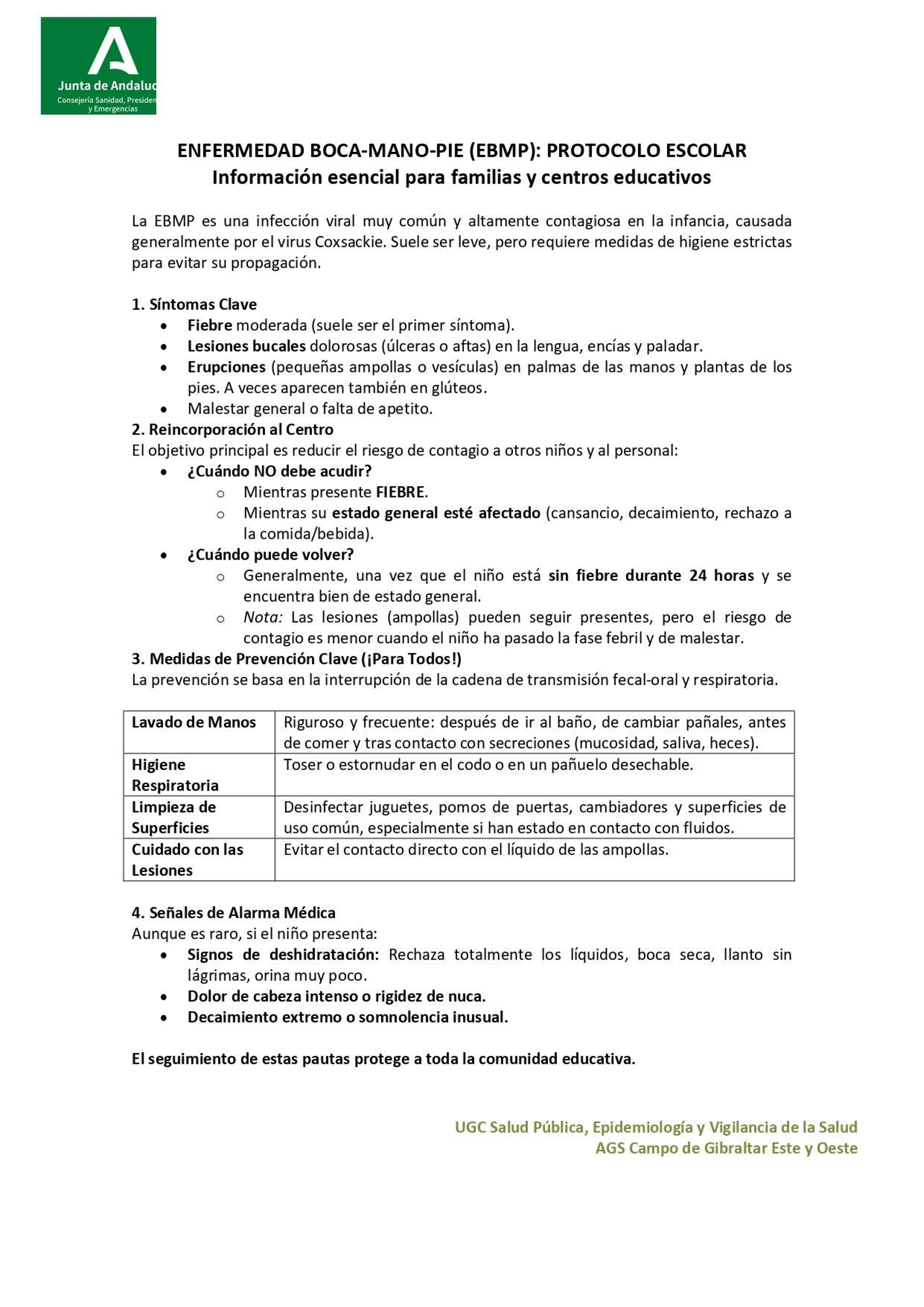 Circular informativa difundida entre los colegios del Campo de Gibraltar por el brote del virus “boca-mano-pie”.