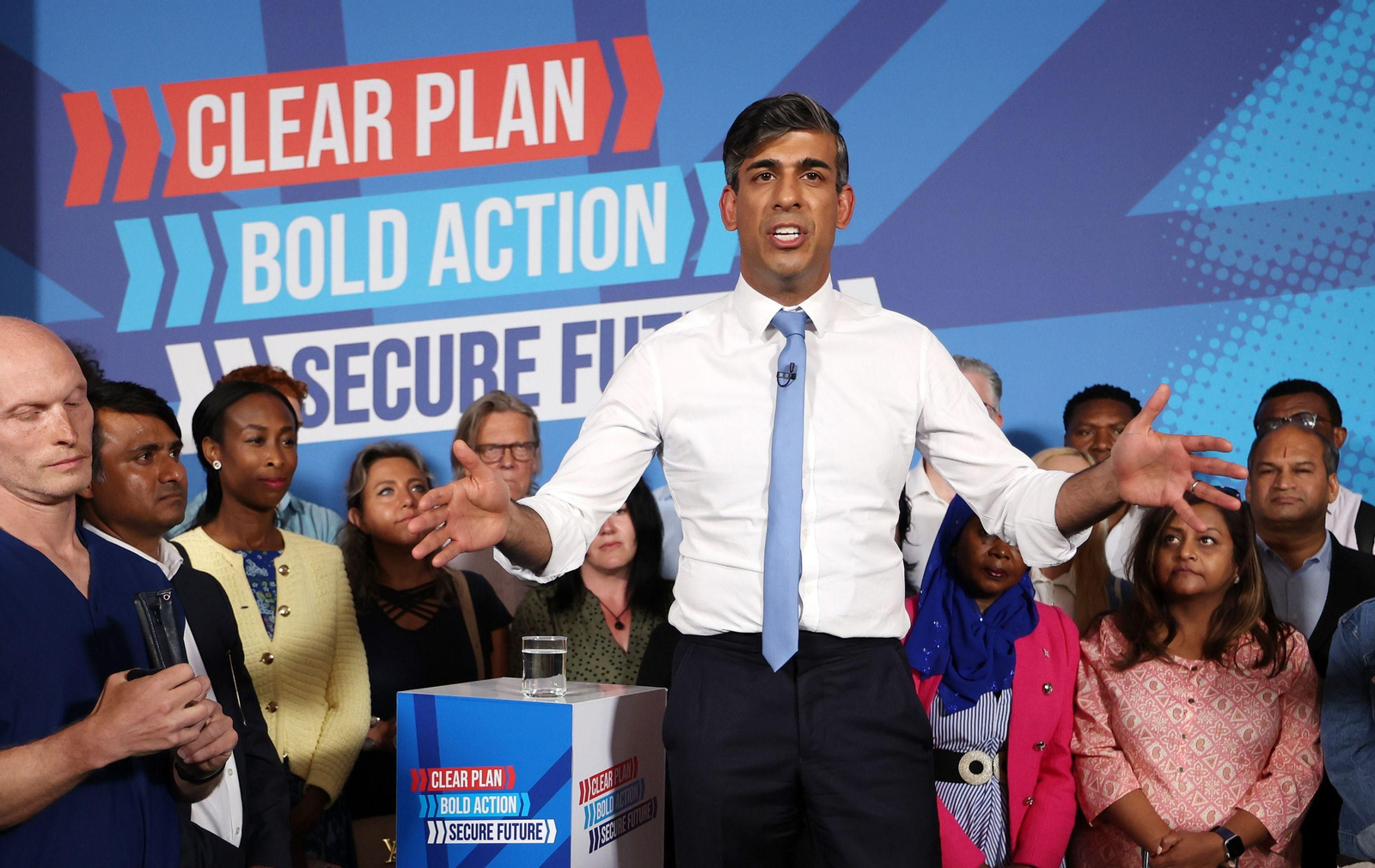 El primer ministro británico, Rishi Sunak, durante un acto de campaña en Londres.