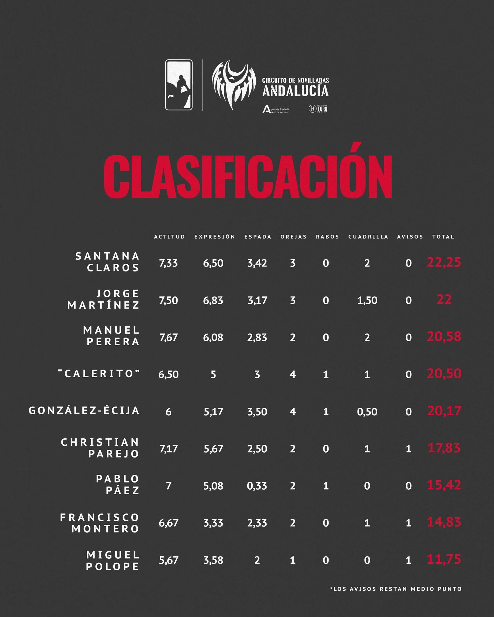 Clasificación de los novilleros.