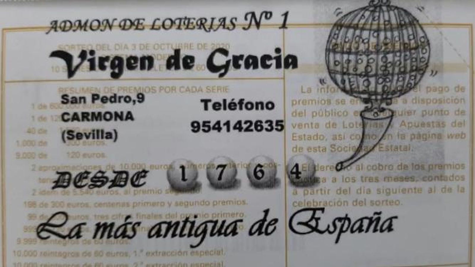 Reverso de un décimo con la marca de la administración número 1 Virgen de Gracia de Carmona
