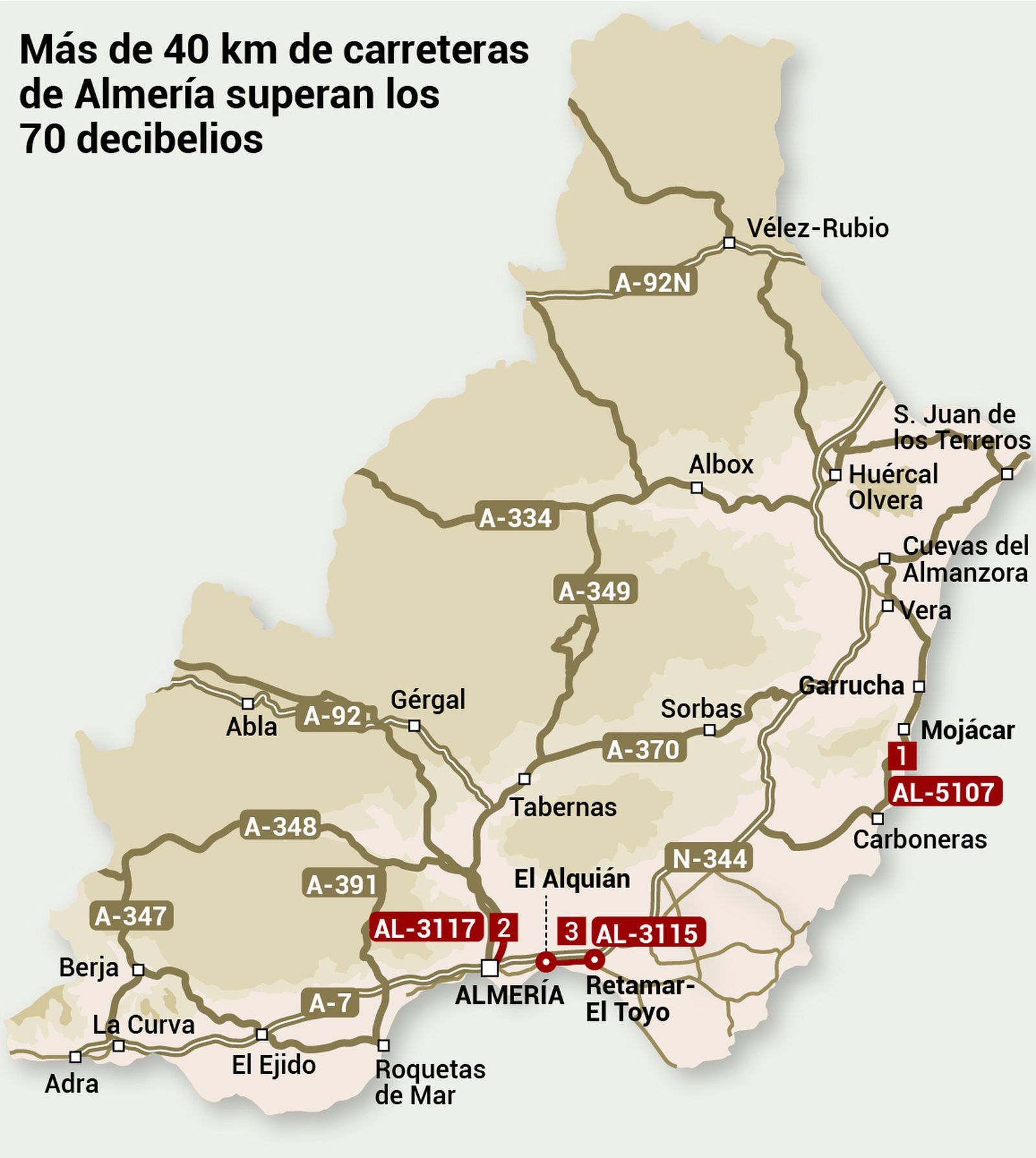 Localización de las carreteras que superan los niveles de ruido