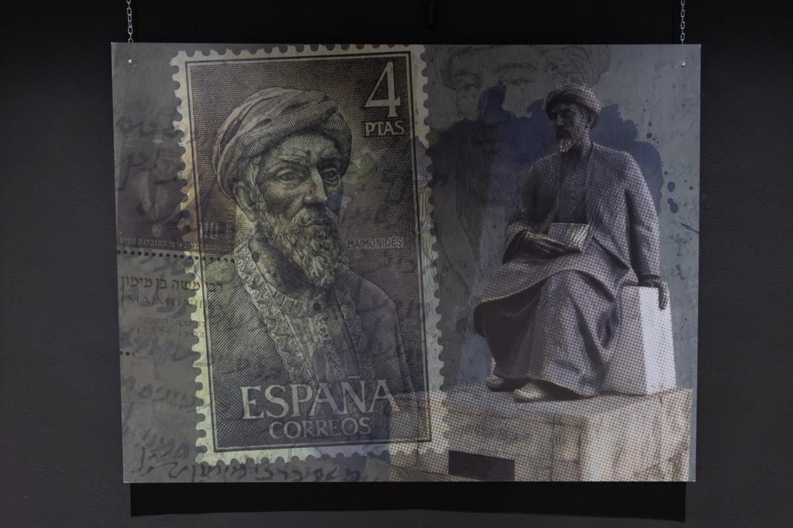 Sello de 4 pesetas y escultura dedicada a Maimónides.