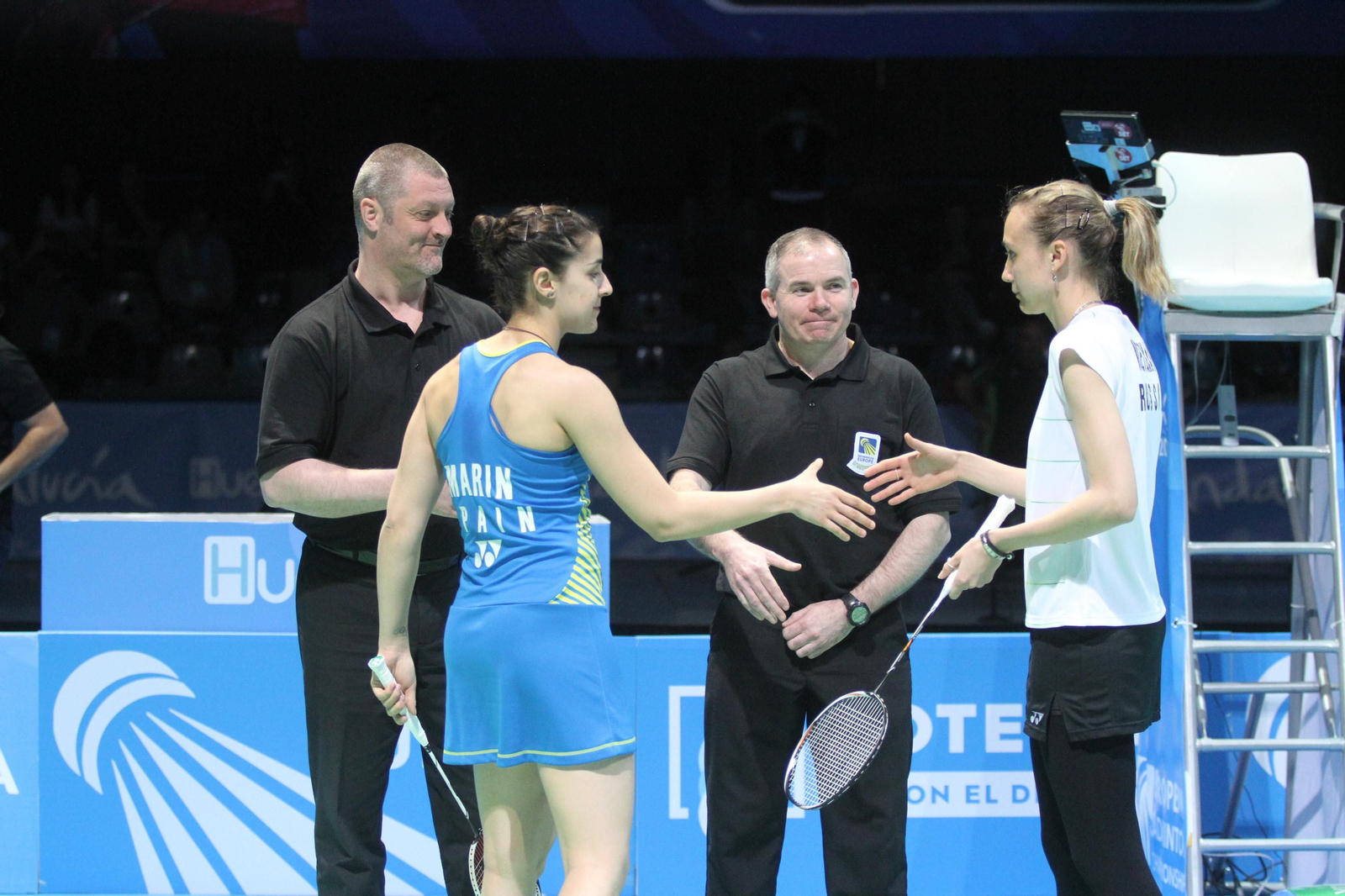 Partido y victoria de Carolina Marín en el Europeo de Bádminton celebrado en Huelva