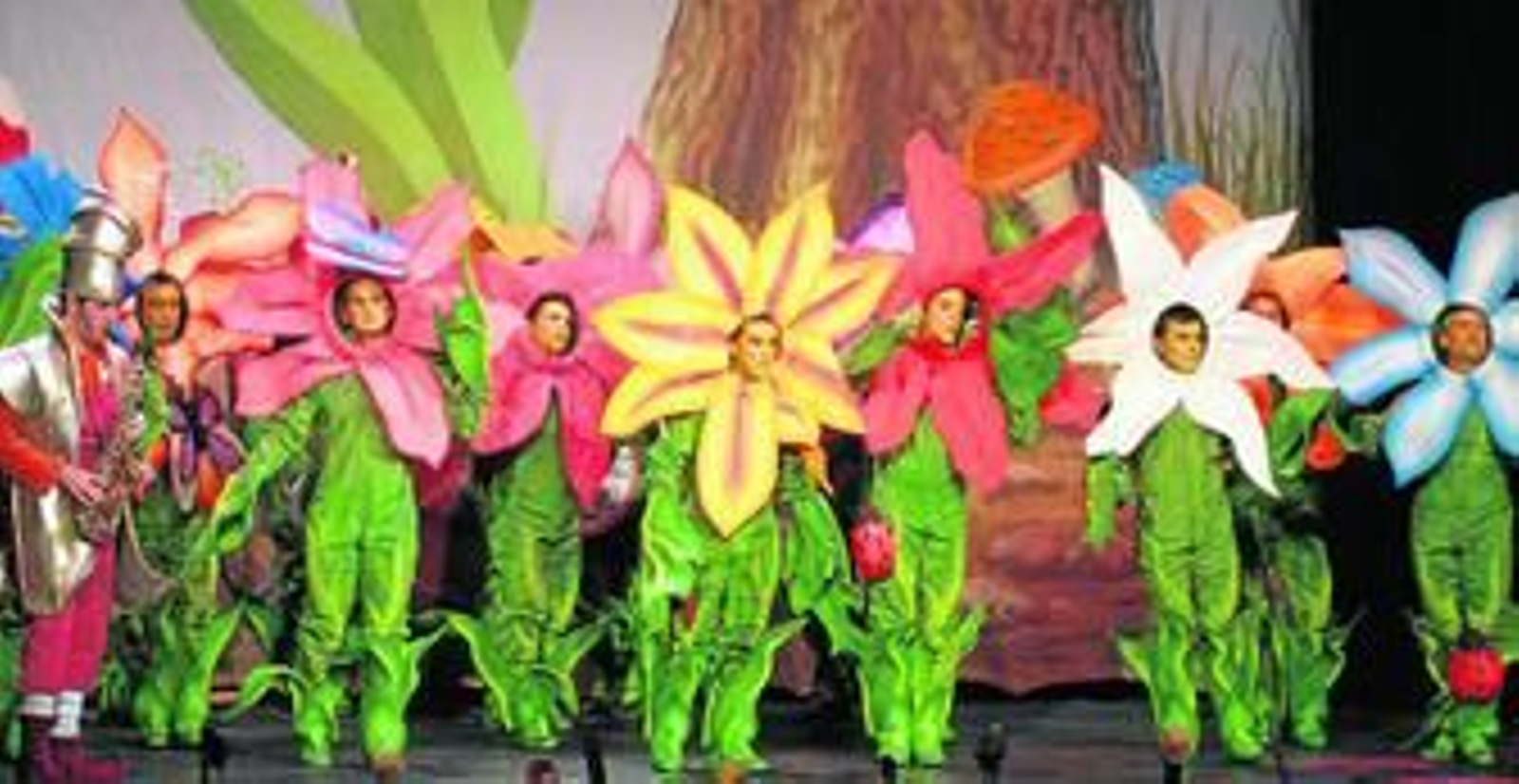 1. La comparsa En la flor de la vida, de Valverde del Camino, durante su actuación ayer en el Gran Teatro. 2 Dos jóvenes disfrazadas de sirenas.  3. La comparsa La isla de los anónimos, de Sevilla. 4  Murga AA Los molto potenti, de Huelva. 5 . Componentes de la comparsa El Silencio, de Punta.