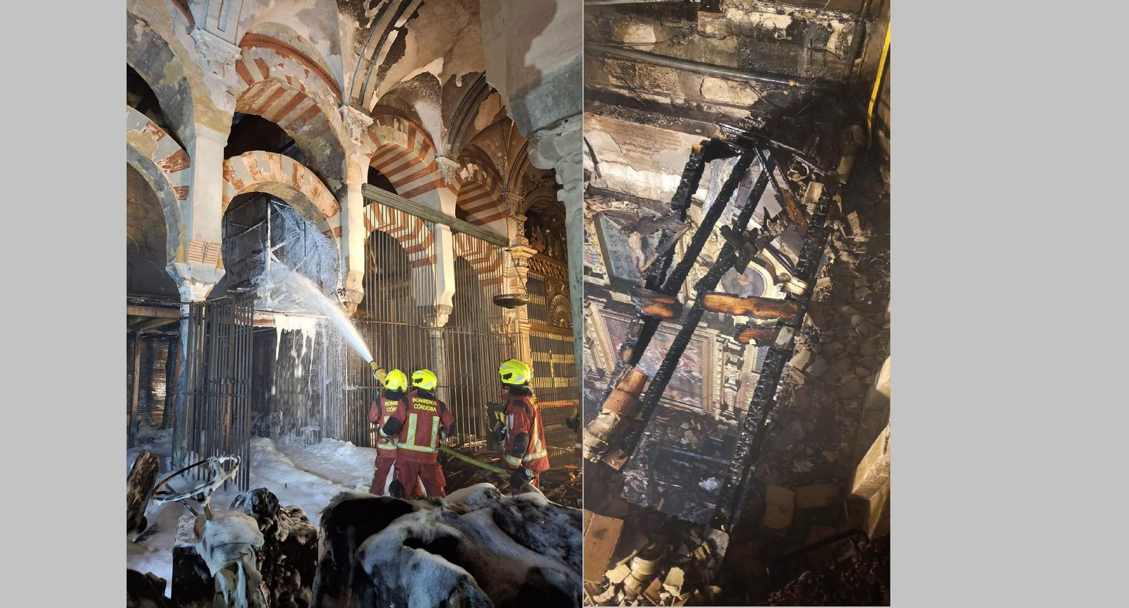 Los Bomberos de Córdoba trabajando y estado de la capilla más afectada por el incendio