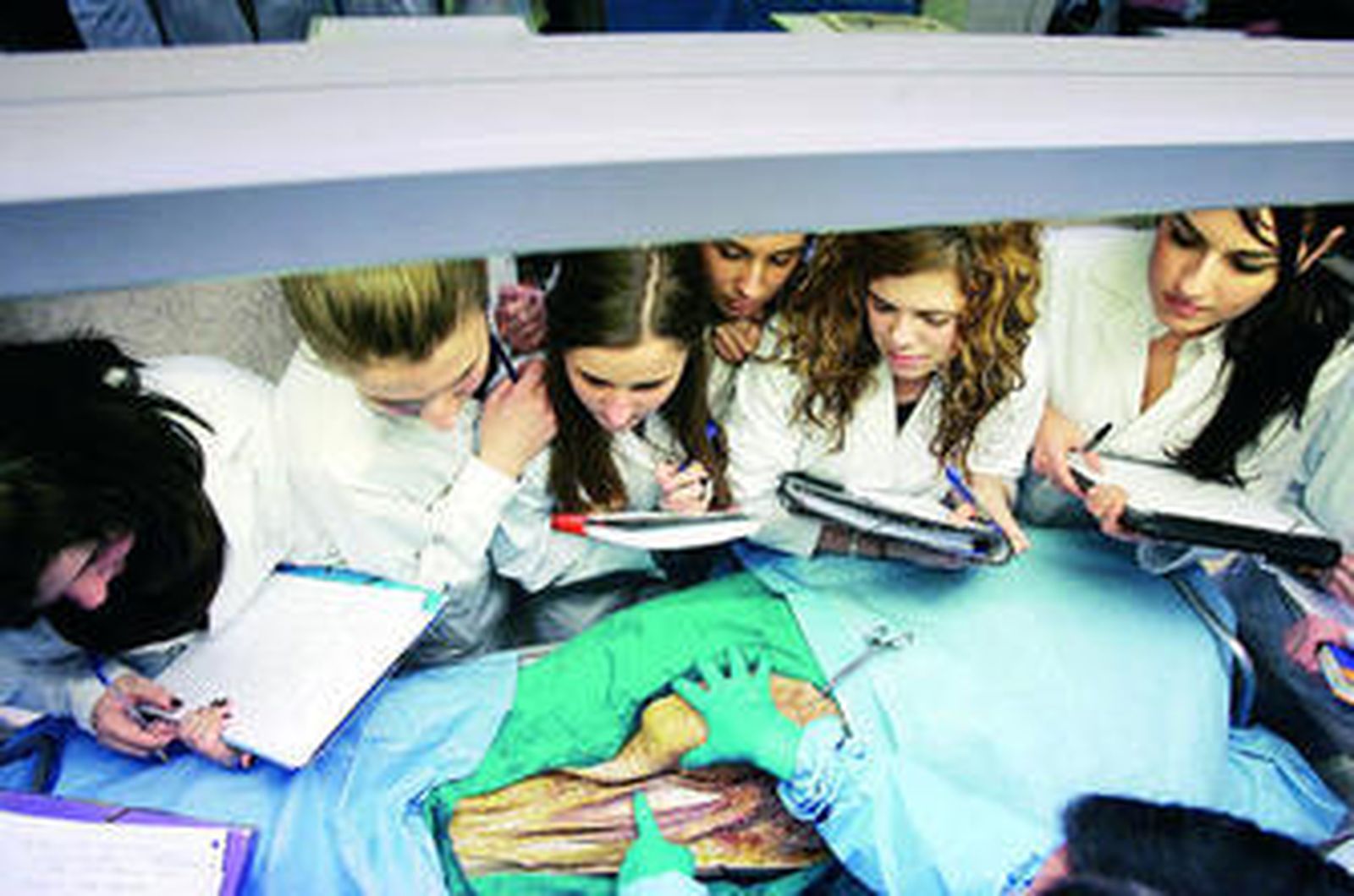 Un grupo de estudiantes de Medicina siguen las explicaciones de la directora del departamento de Anatomía y Medicina Legal.