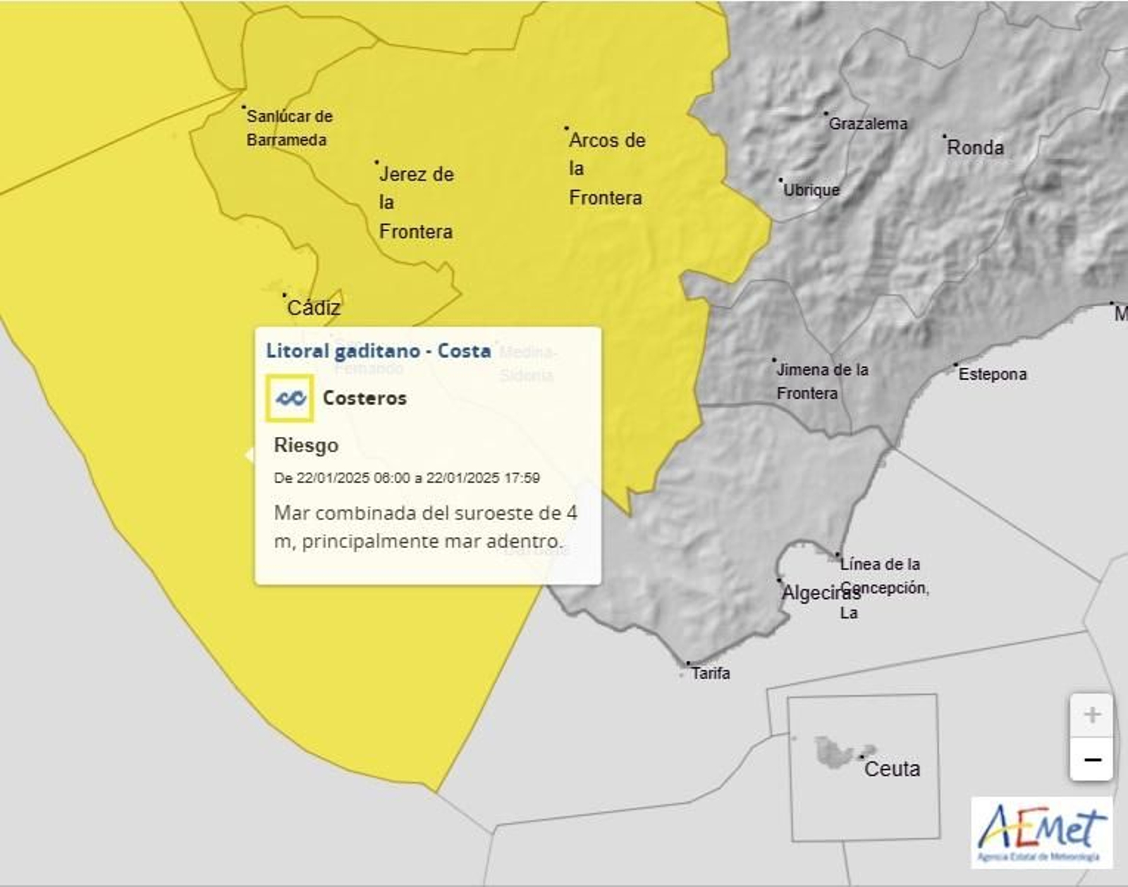 La Aemet activa el aviso amarillo hasta las 18:00 horas de este miércoles en el litoral gaditano por fenómenos costeros.