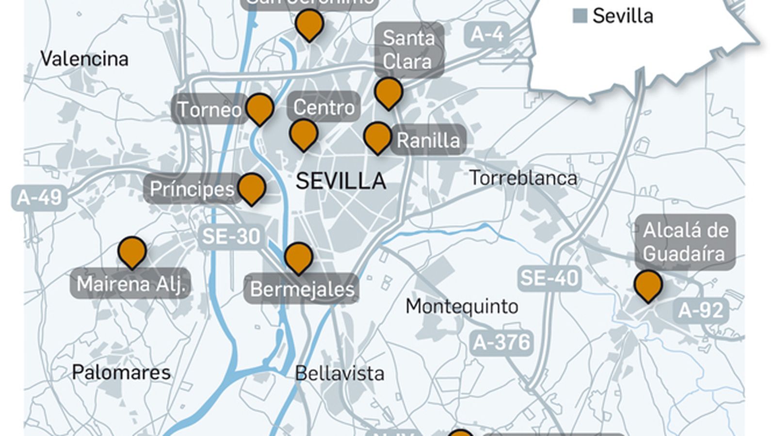 Mapa de las estaciones de control de la calidad del aire en Sevilla.