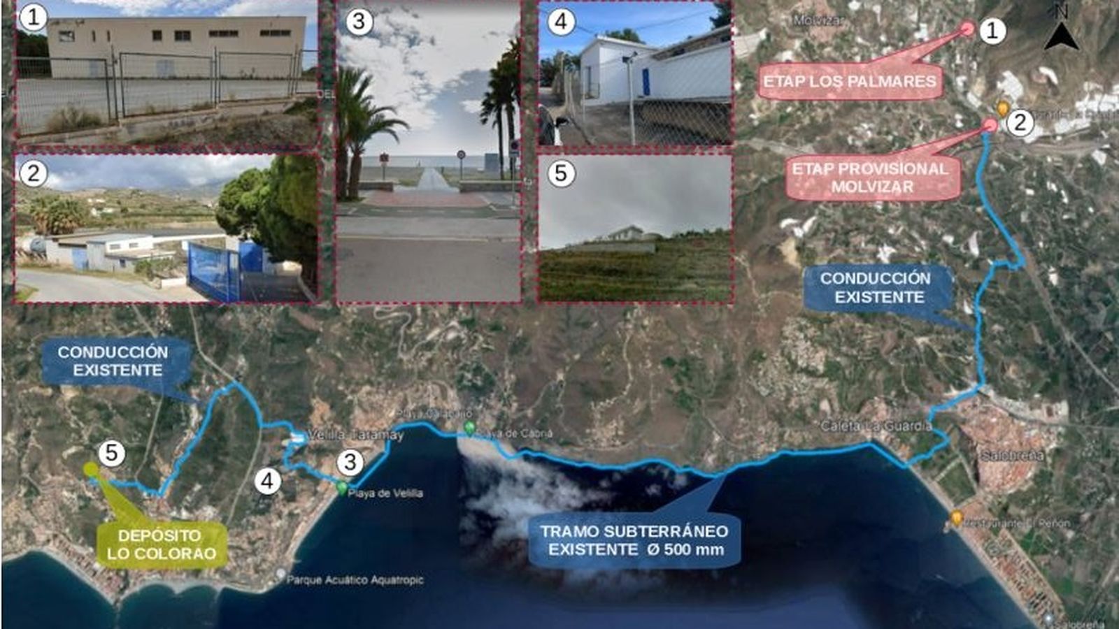Imagen del trazado actual de la tubería de agua potable de Almuñécar, con un tramo submarino