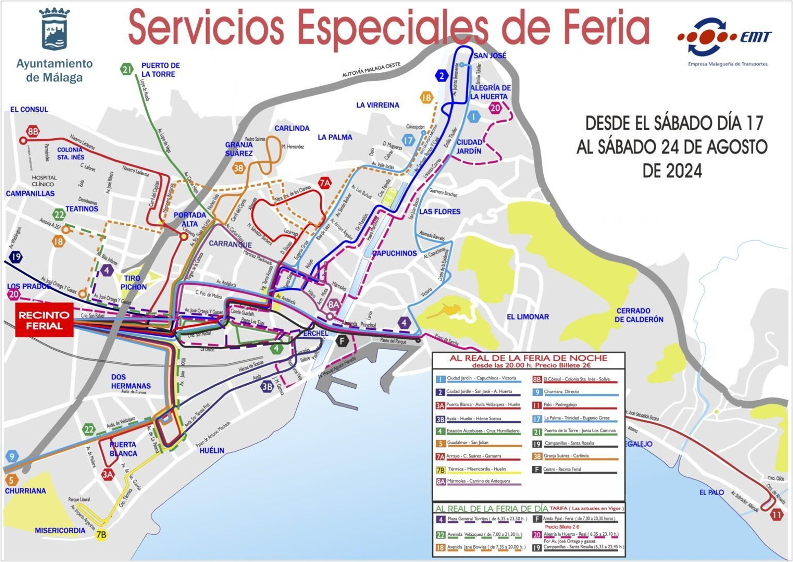 Mapa del servicio especial de autobuses de la Feria de Málaga 2024