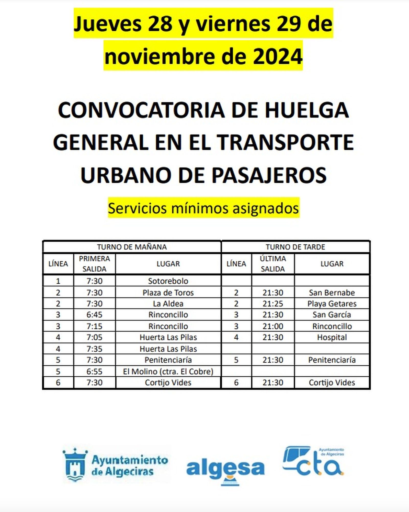 Los servicios mínimos afectan a las seis líneas de autobús urbano que operan en Algeciras.