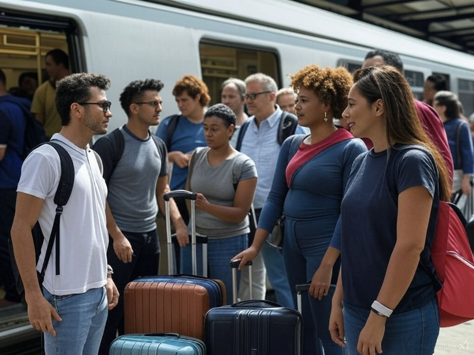 Personas entran y salen de un tren