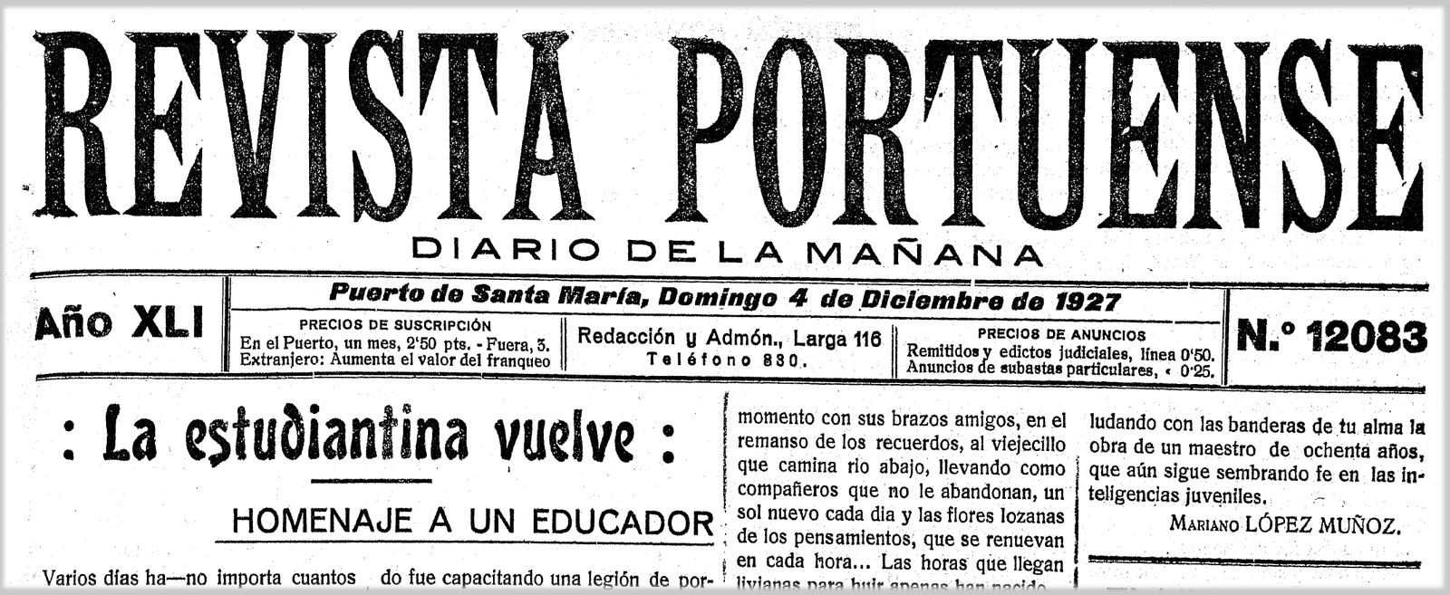 El homenaje que Mariano López Muñoz ofreció a Ricardo Alcón en la desaparecida Revista Portuense.