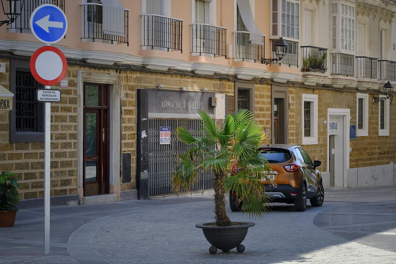 Un coche en dirección Plaza de España, sorteando la maceta que 'impide' el paso.
