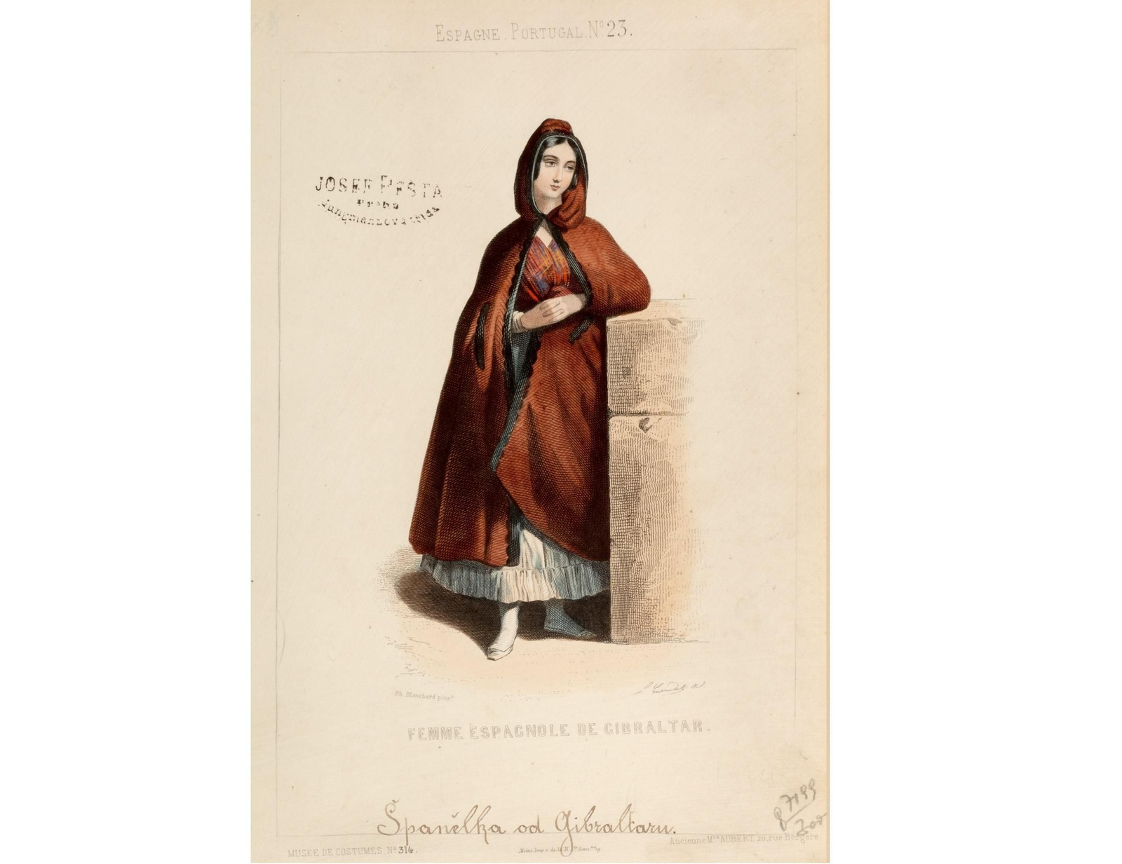Mujer española en Gibraltar  Grabado del siglo XIX con la imagen de una mujer española en Gibraltar, según dibujo del pintor francés Pharamond Blanchard. Pertenece a la serie titulada Museé de Costumes, obra con 365 imágenes de vestimentas de diversas partes del mundo, impresa en París en 1850 y más tarde versionada en otras ediciones.