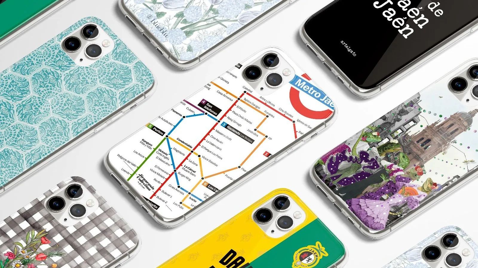 Carcasas de móvil con diseños inspirados en Jaén, desde ilustraciones artísticas y motivos florales hasta guiños urbanos y culturales, perfectas como regalo original.