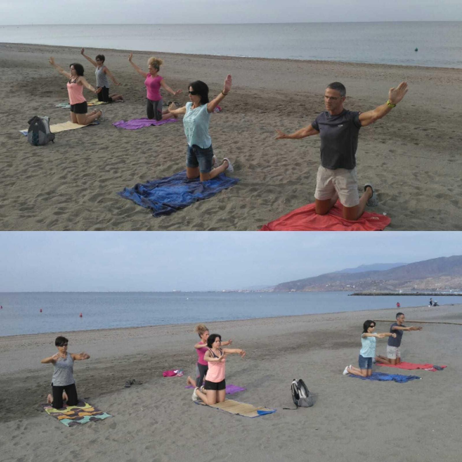 Clase de hipopresivos en la playa.