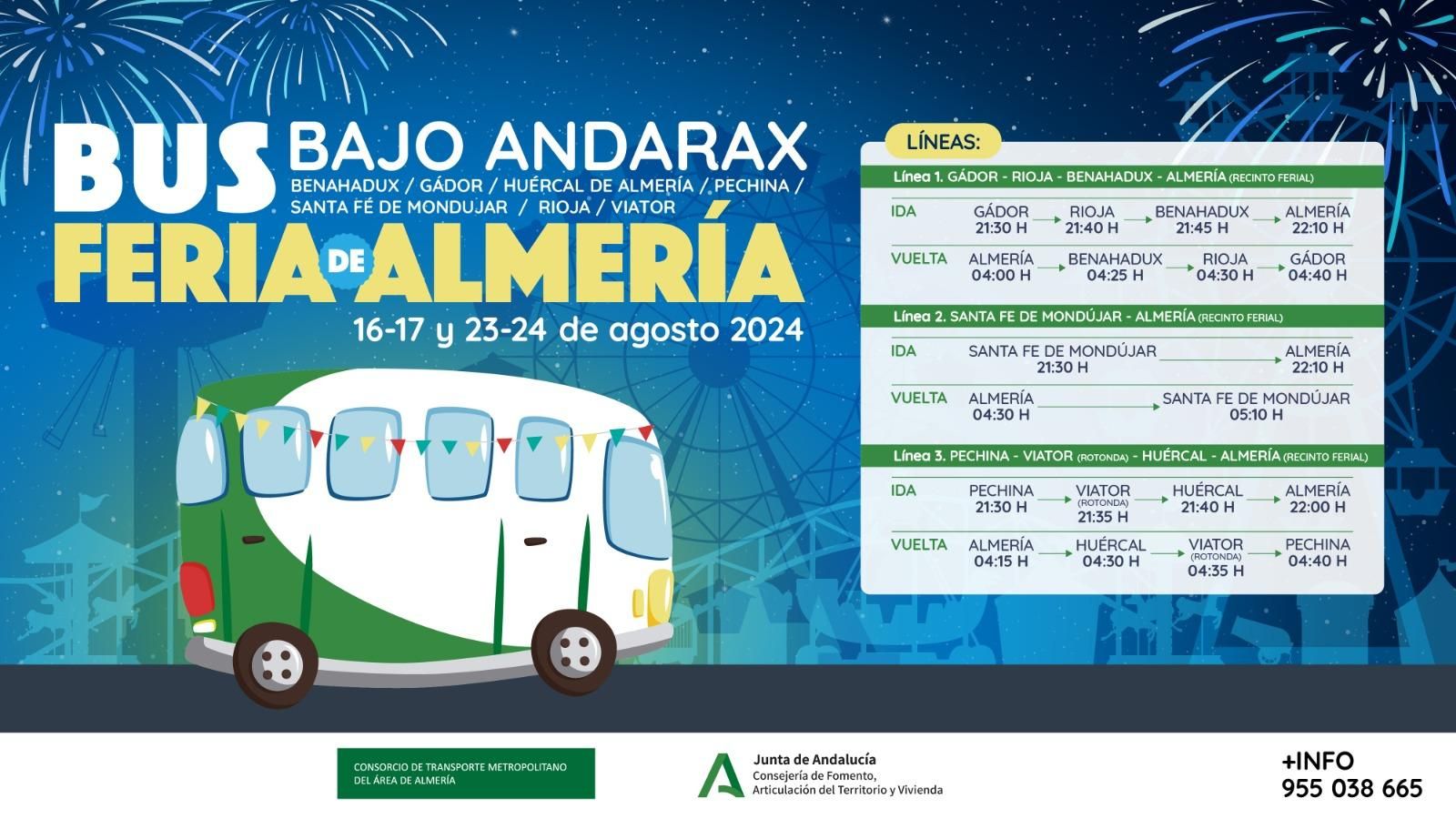 Cartel de las líneas de bus con sus correspondientes horarios.